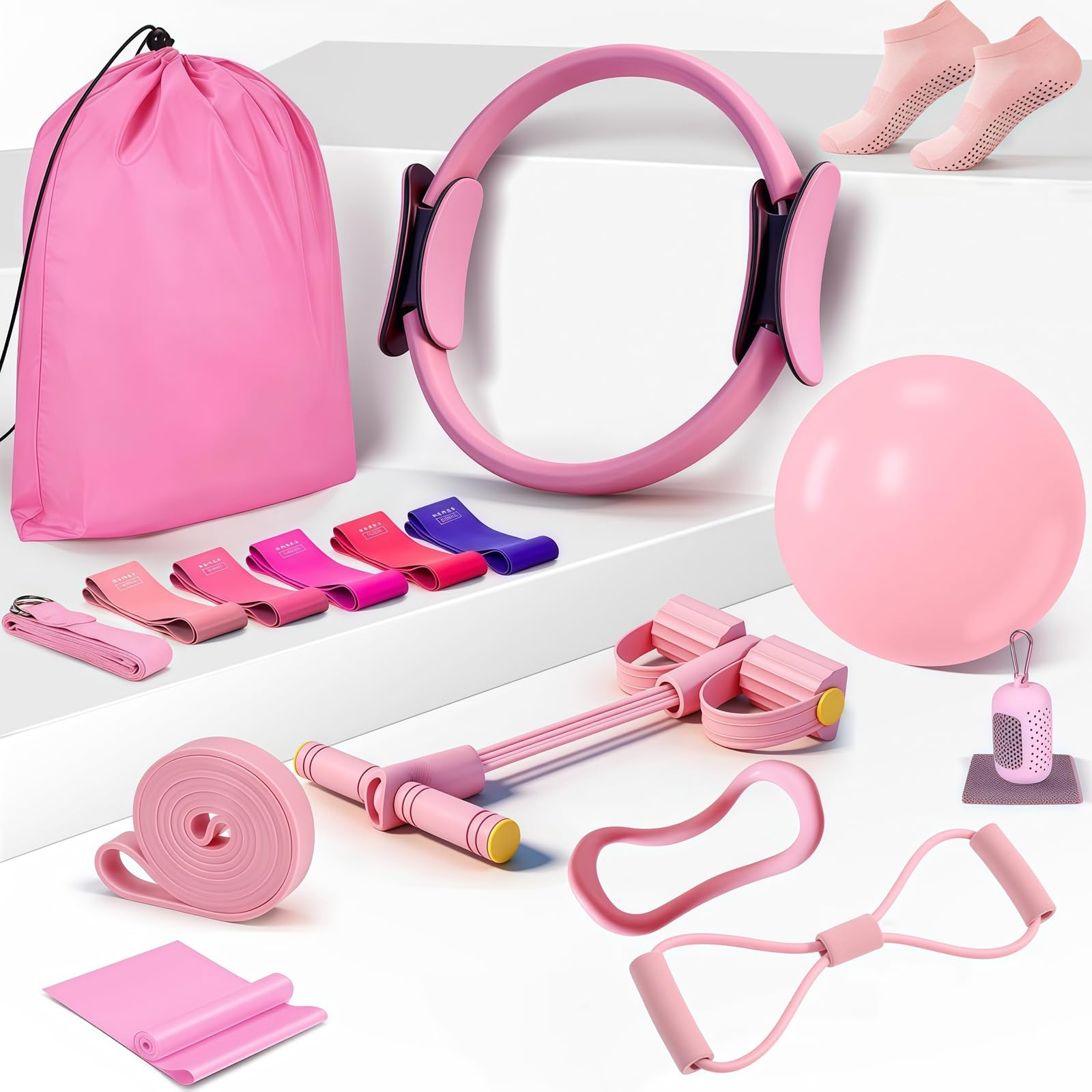 CHSEEO Home Pilates Kit for Women (16PCS) : Pilates Equipment Pilates Ball and Ring, Resistance Bands, Training Ring, Home Gym Equipment for Core Strength Flexibility Full Body Toning Women Men