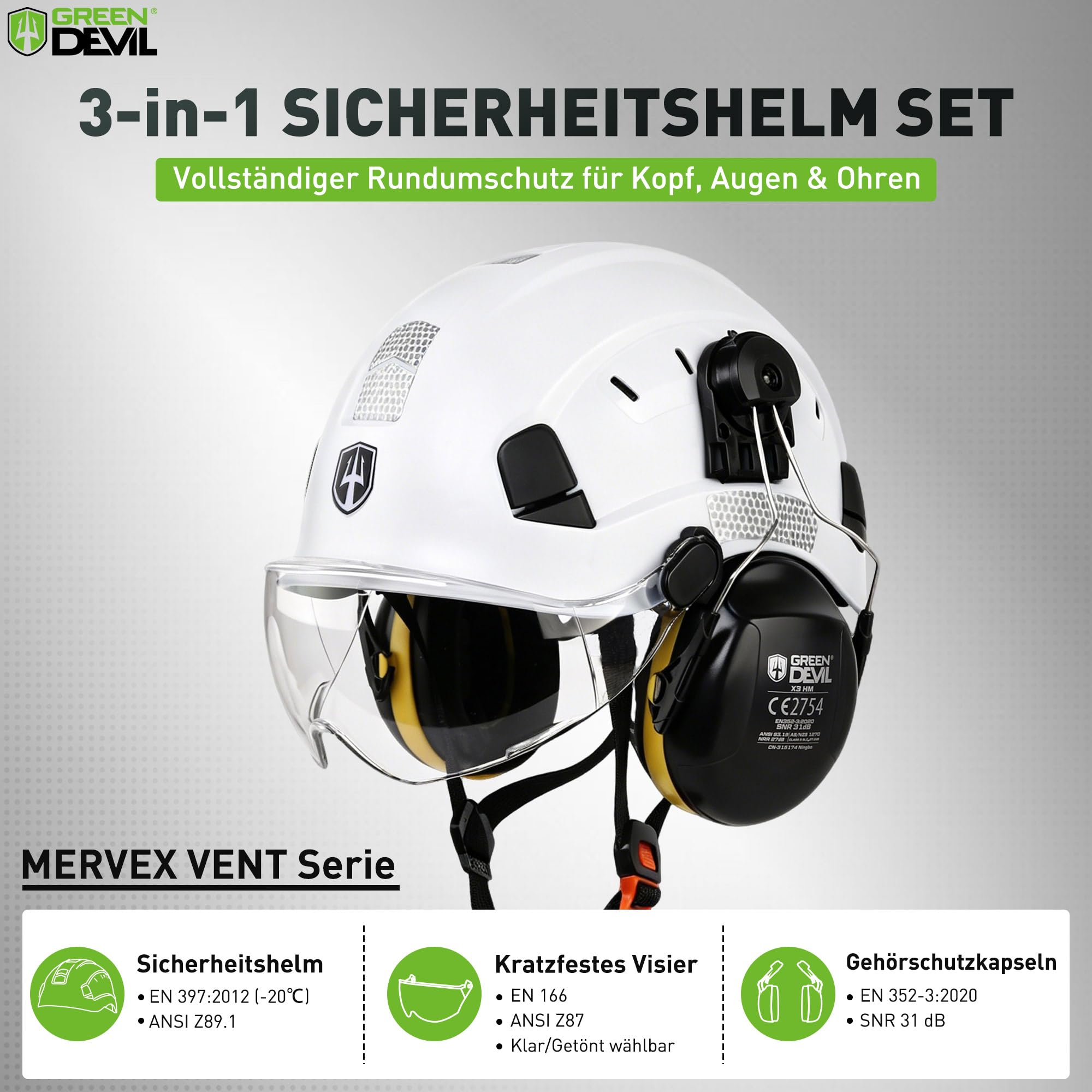 GREEN DEVIL Mervex Vent 3 w 1 kask ochronny zestaw EN 397, kask roboczy z wizjerem (przezroczysty/przyciemniany) i ochroną słuchu SNR 32 dB | kask przemysłowy ABS 53-63 cm na plac budowy, gospodarki