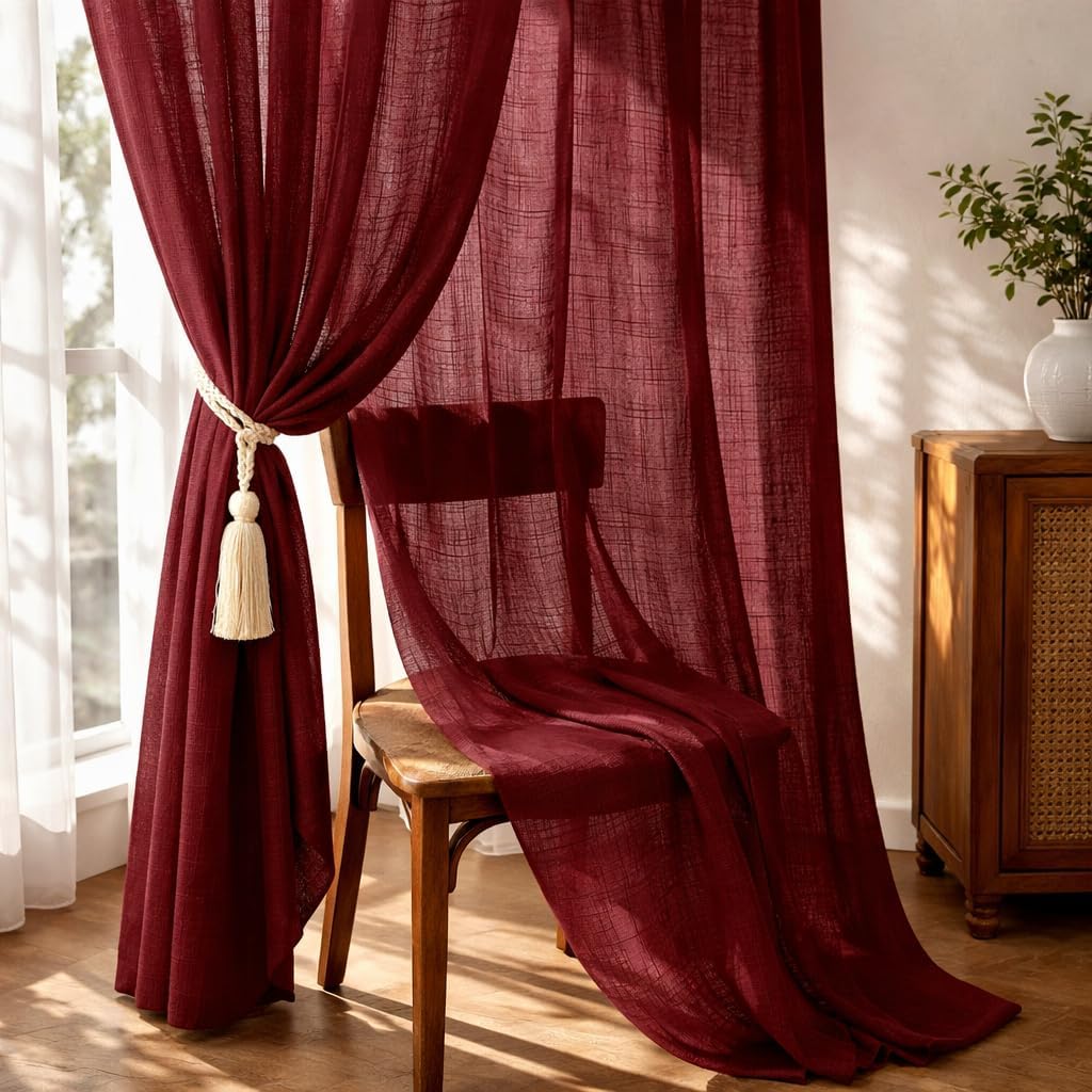 THE LINEN COMPANY Cotton Linen Solid Sheer Rod Pocket Window Curtains, Transparent Net Curtains Light Filtering Privacy Drapes for Window & Kitchen, Marron, 5 Feet, Pack of 1