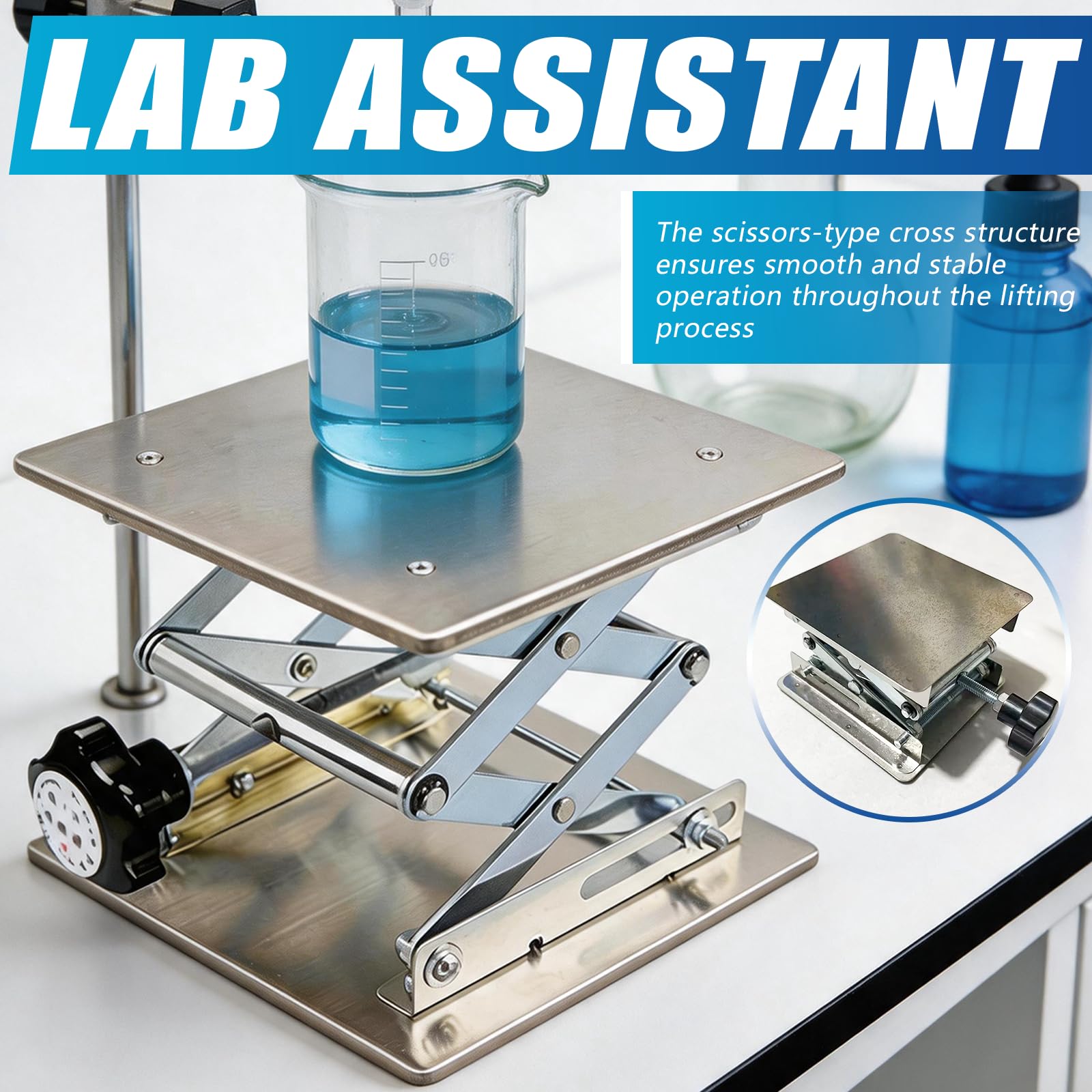 Mesa Elevadora 300x300 mm, Plataforma de Elevación de Acero Inoxidable Gato de Laboratorio Carga 25kg Altura 90-460mm Ajustable para Microscopio y Grabado Láser, Pies de Goma