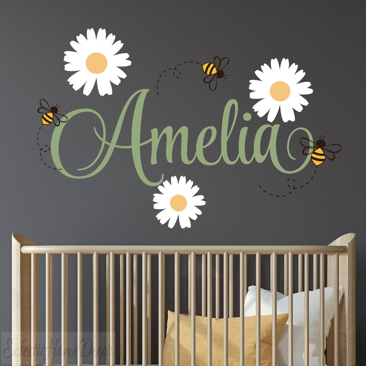 Personalized Girl Name with Daisy Flower Bees Wall Stickers,Peel and Stick Daisy Wall Stickers for Nursery Bedroom Baby Girl Wall Decor