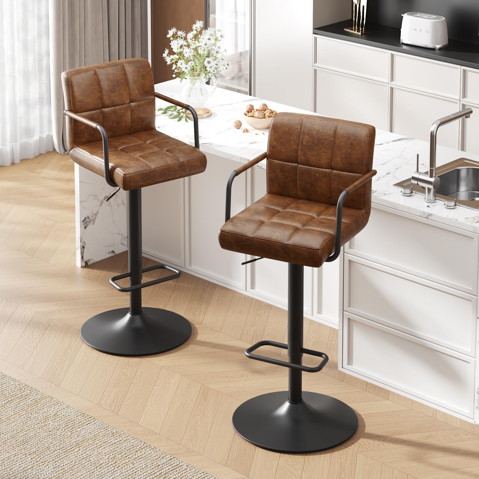 Barhocker 2er Set, Barstuhl höhenverstellbar aus PU-Leder, 360°Drehstuhl Küchenstuhl mit Armlehnen, Rückenlehne und Fußstütze für Küche, Wohnzimmer, Esszimmer, Gelbbraun