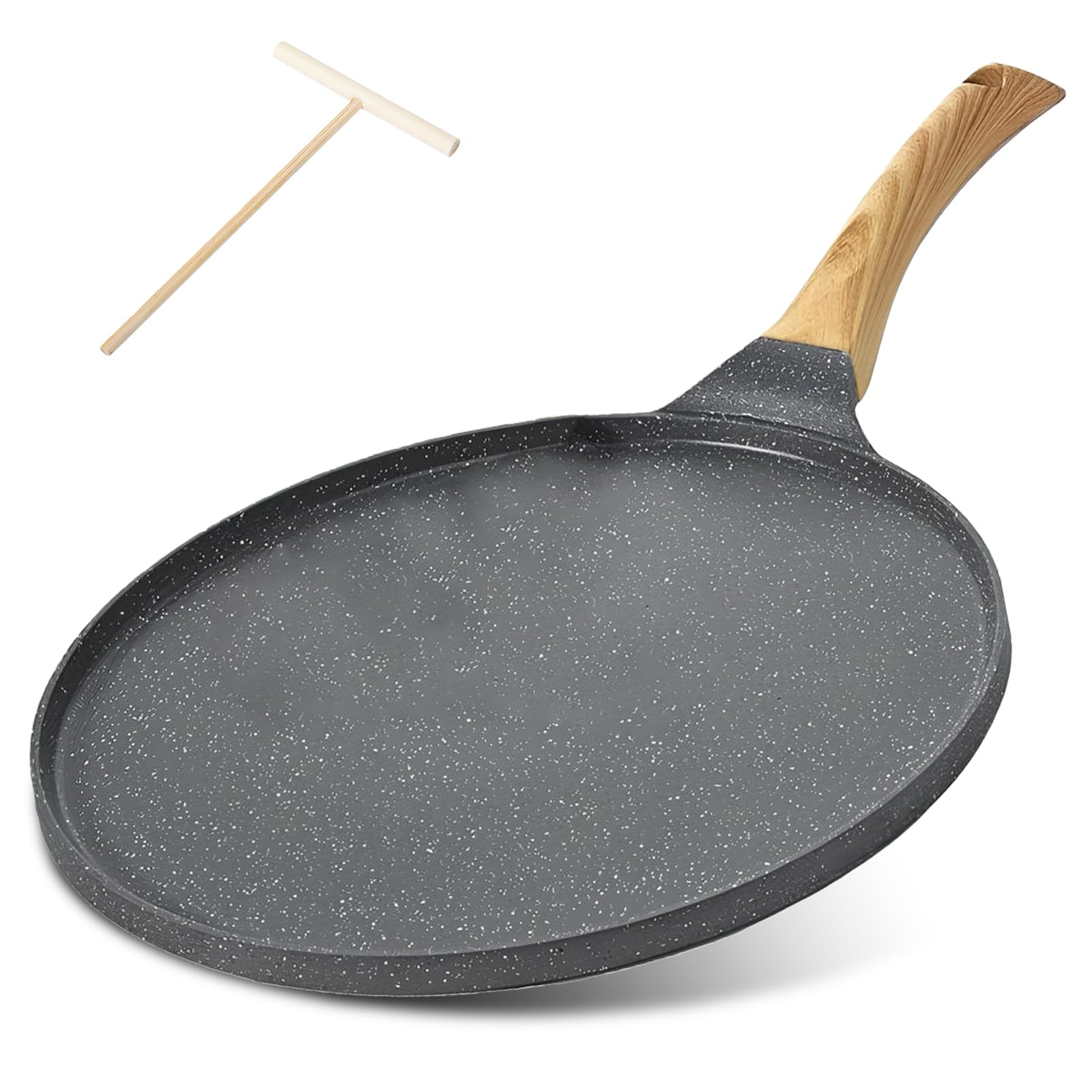 VEGOATY Crepe - Padella per pancake, 26 cm, con manico in bachelite, rivestimento antiaderente in granito da 26 cm, adatta per piani cottura a induzione, elettrici, in ceramica e a gas (grigio)