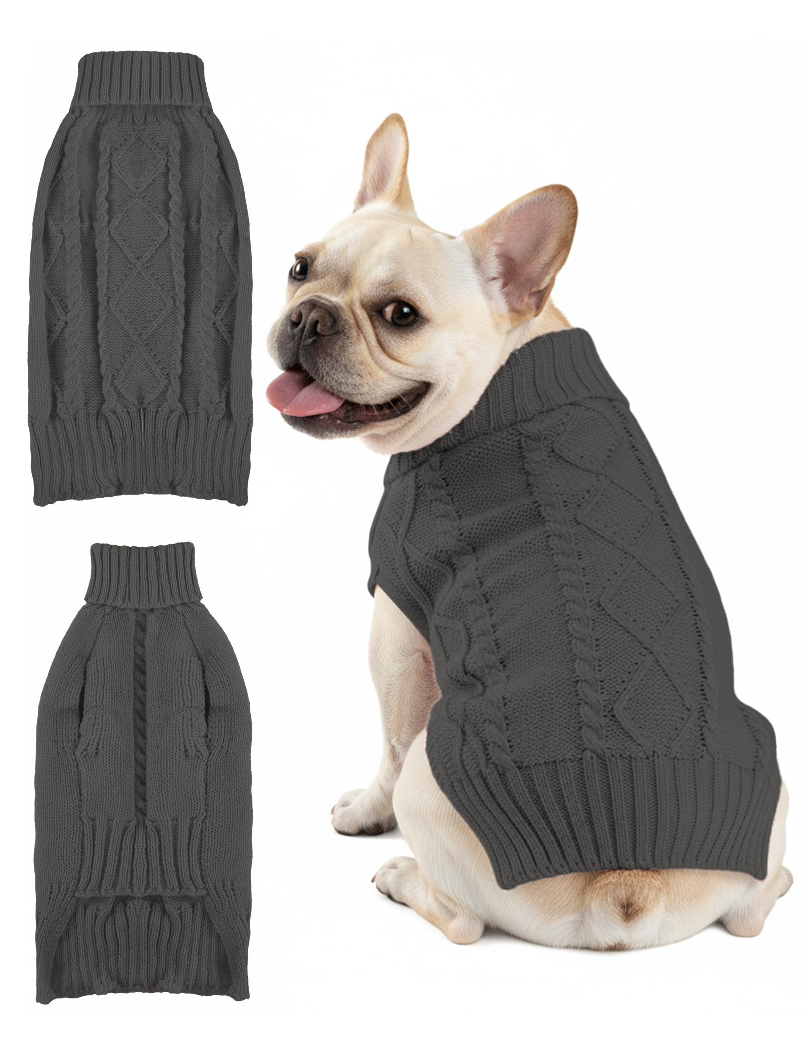 Dog Sweaters for Small Medium Large Dogs Cats, Soft Warm Turtleneck Pullover Solid Cable Knit Fleece Stretch Pet Clothes,Classic Fuzzy Coat for Puppy Girl Boys for Fall Winter（Dark Gray, 3X-Large）