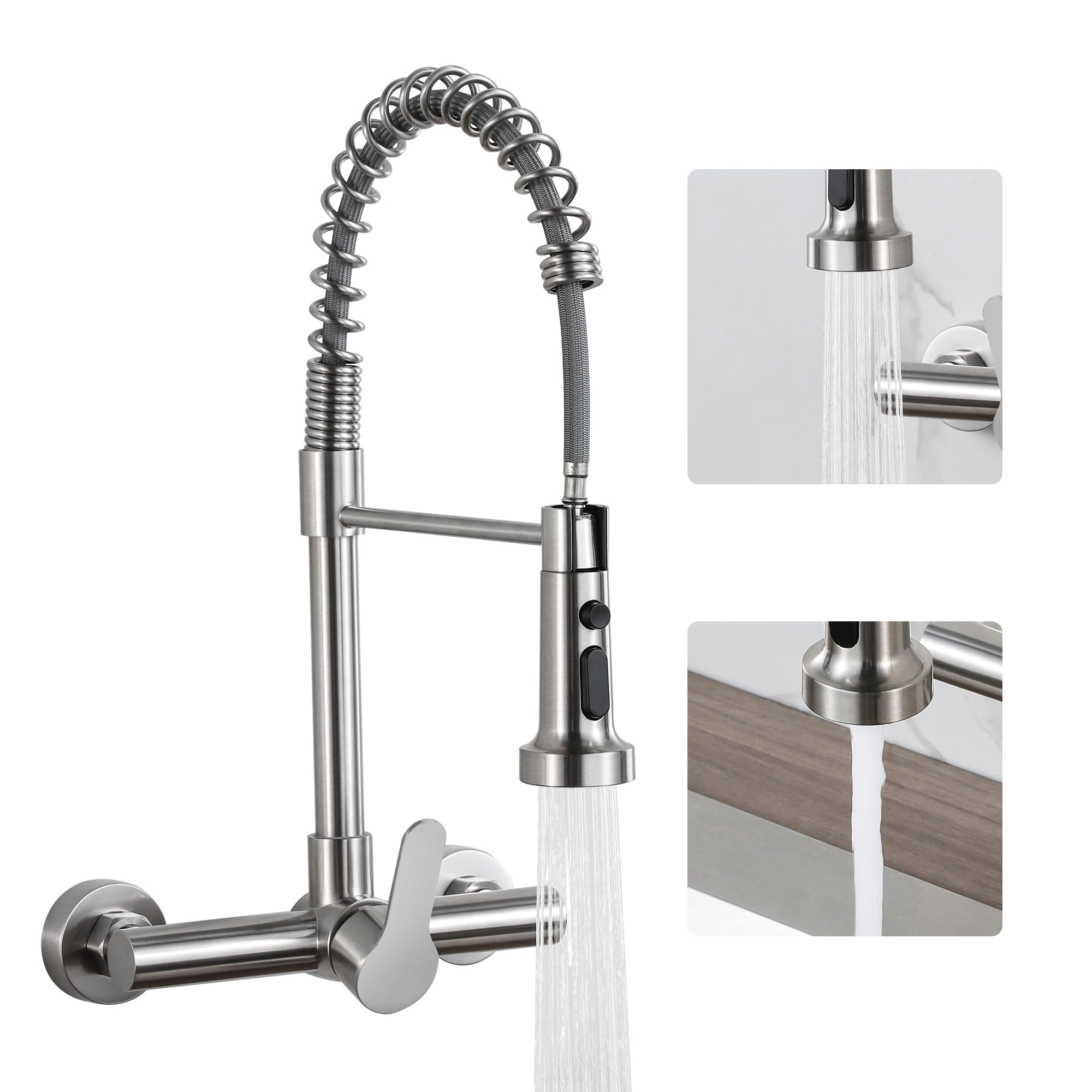 LIWEIKE Wall Kitchen Faucet 8 Inch Center Brushed Nickel Wall Mount Kitchen Faucet with Sprayer Single Handle Wall Mounted Facuet Kitchen