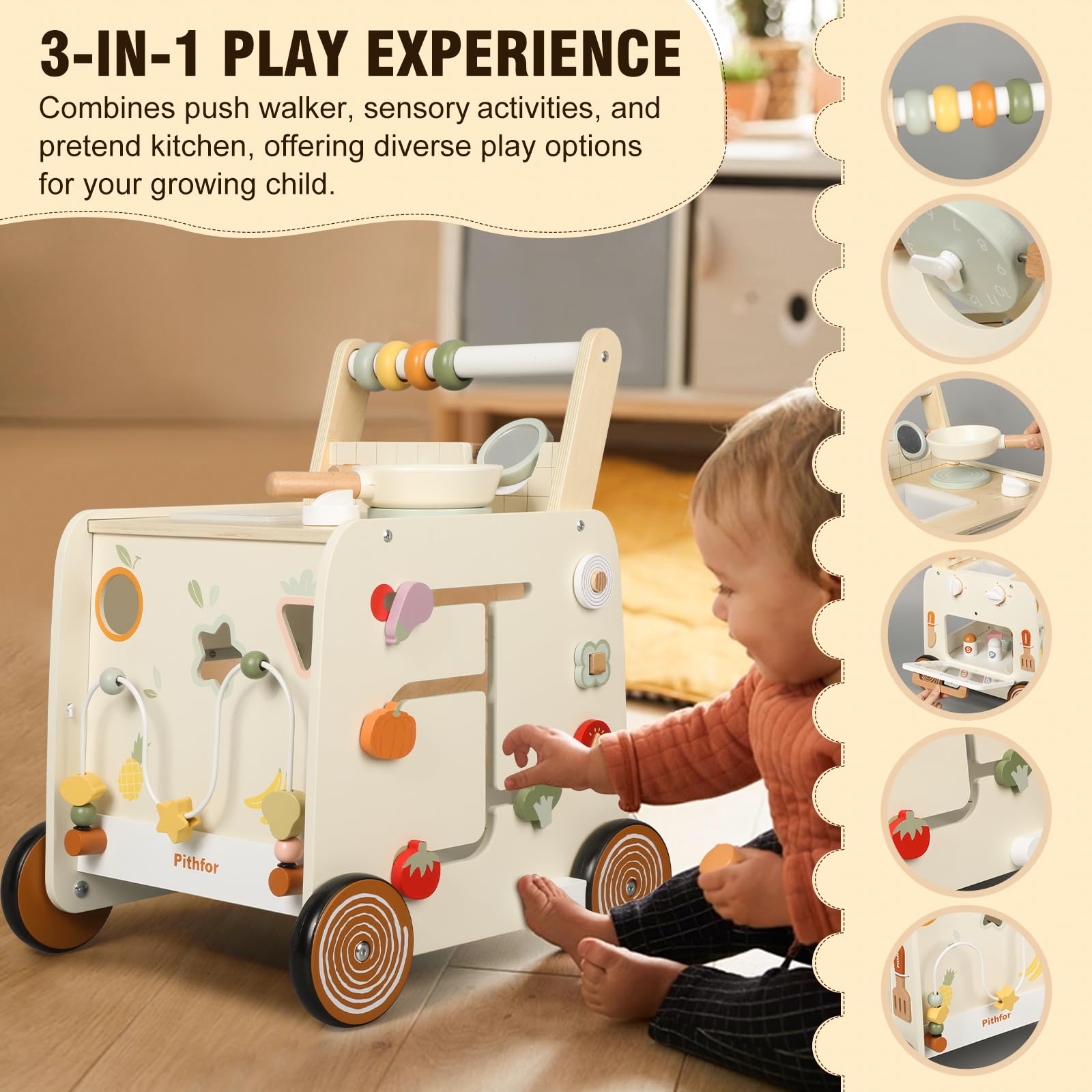 Pithfor Wooden Baby Walker, 3-in-1 Baby Push Walker, with Pretend Kitchen, Montessori Sensory Activity Center, Push Walker Toys for Babies Learning to Walk, Sit-to-Stand