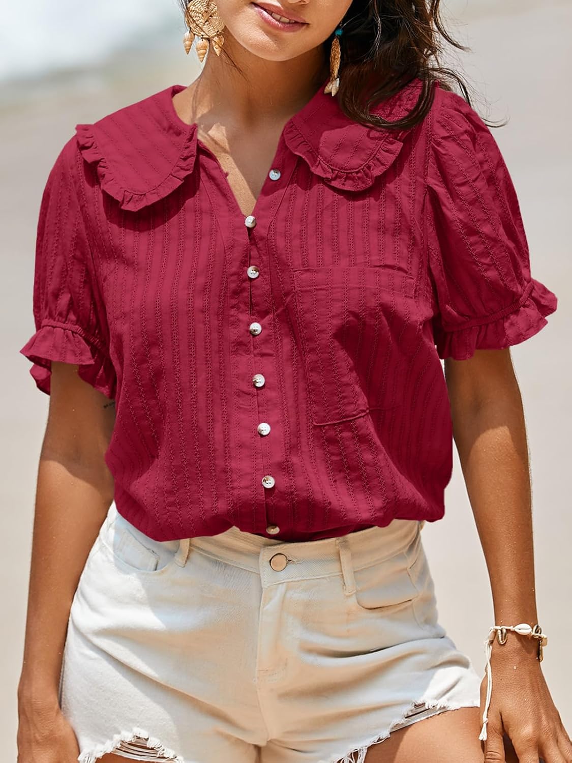 Tankaneo Womens Puff Sleeve Shirts Peter Pan Collar Button Down Cotton Blouse Casual Summer Textured Tops - Image 2