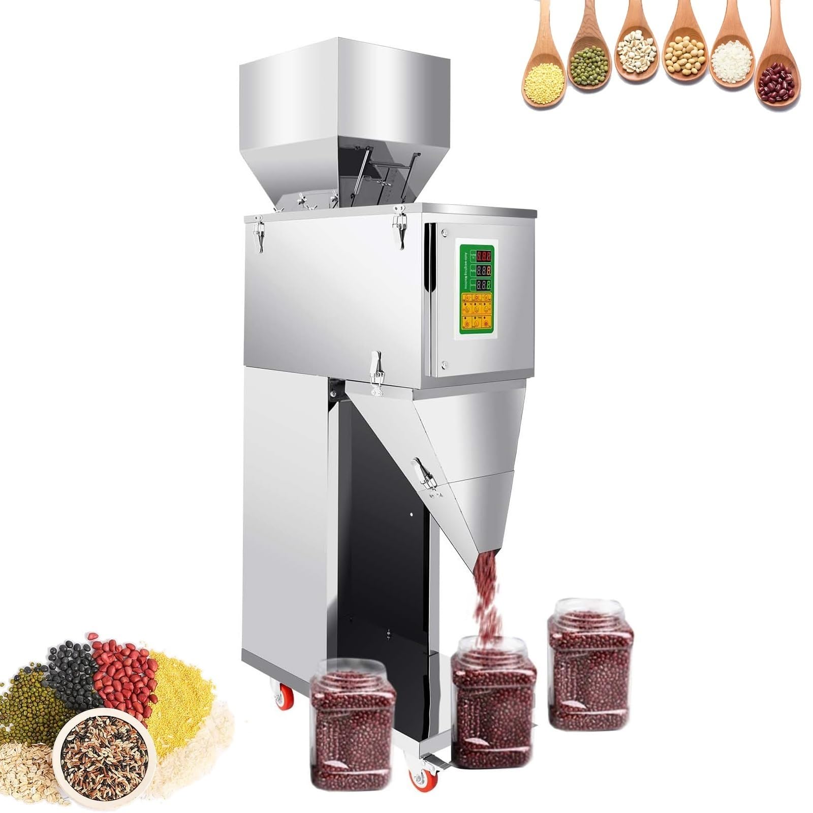 Automatic Powder Filling Machine, 10-1500g Particle Weighing Filler Powder Subpackage Device with Foot Pedal, Stainless Steel Weigh Packing Filler for Grain, Flour, Tea, Beans