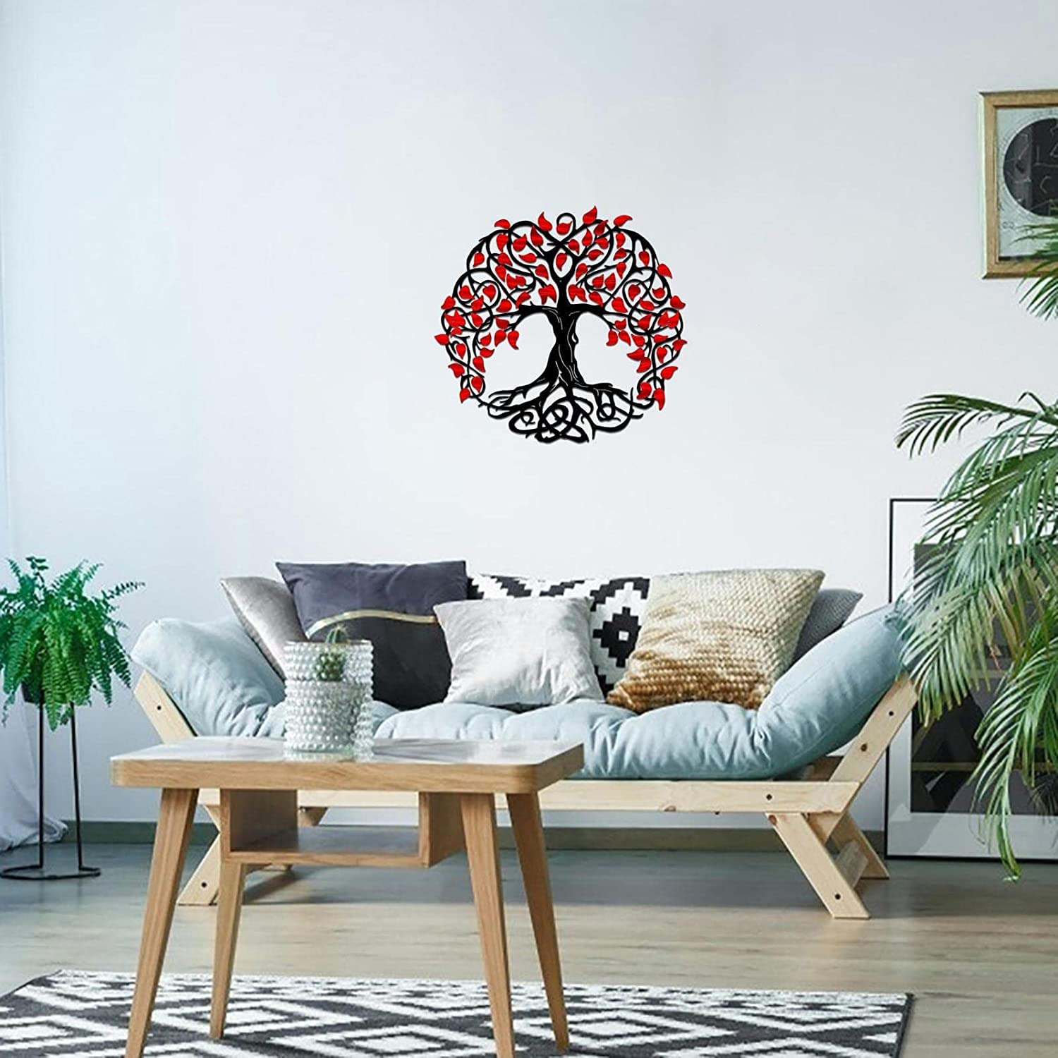 Decoración de Pared Decoración de pared de árbol de la vida de metal de 11,8 pulgadas, decoración de arte de pared de árbol genealógico, letrero de árbol, obra de arte decorativa de hierro (rojo)