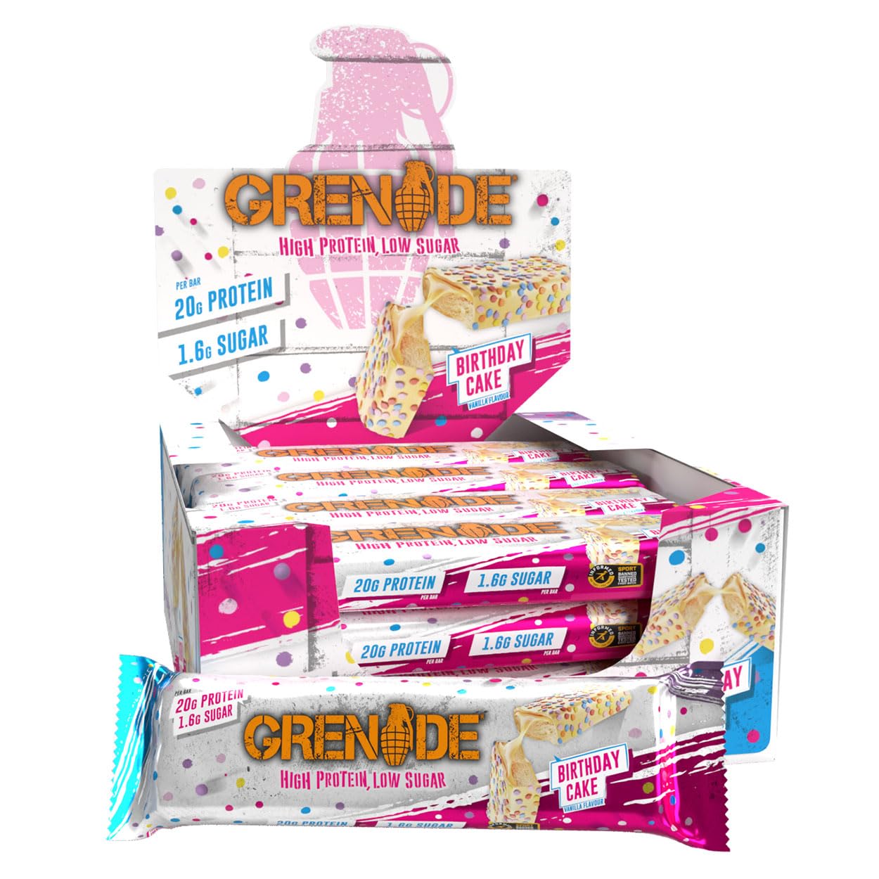 Grenade Carb Killa Protein Bar, Great Tasting High Protein and Low Carb Snack, Birthday Cake, (Pack of 12), 2.12 oz. bar| 