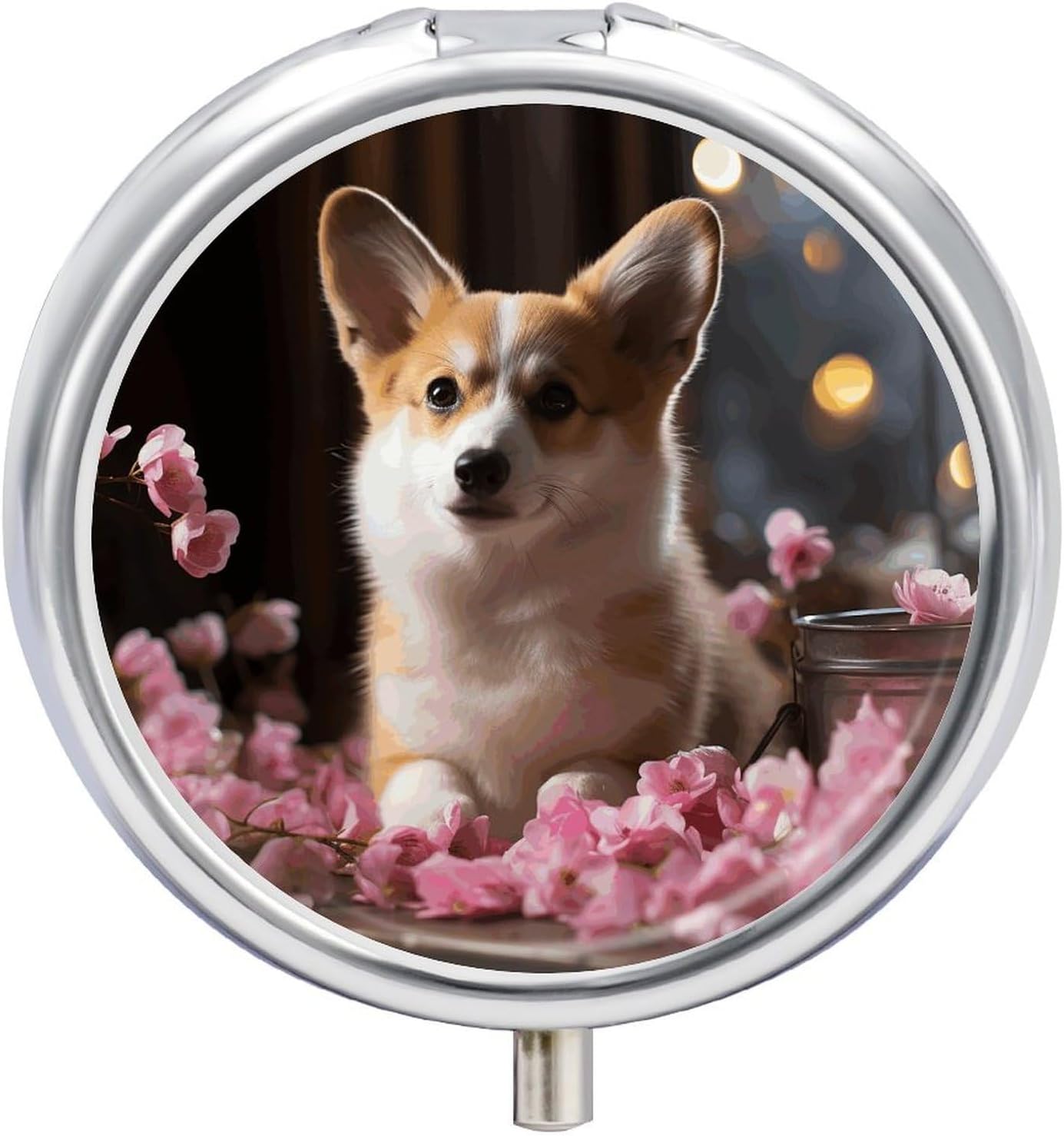 Corgi Dog on The Table Pill Box Cute Round Pill Case Portable Medicine Tablet Vitamin Holder Organizer for Purse Pocket