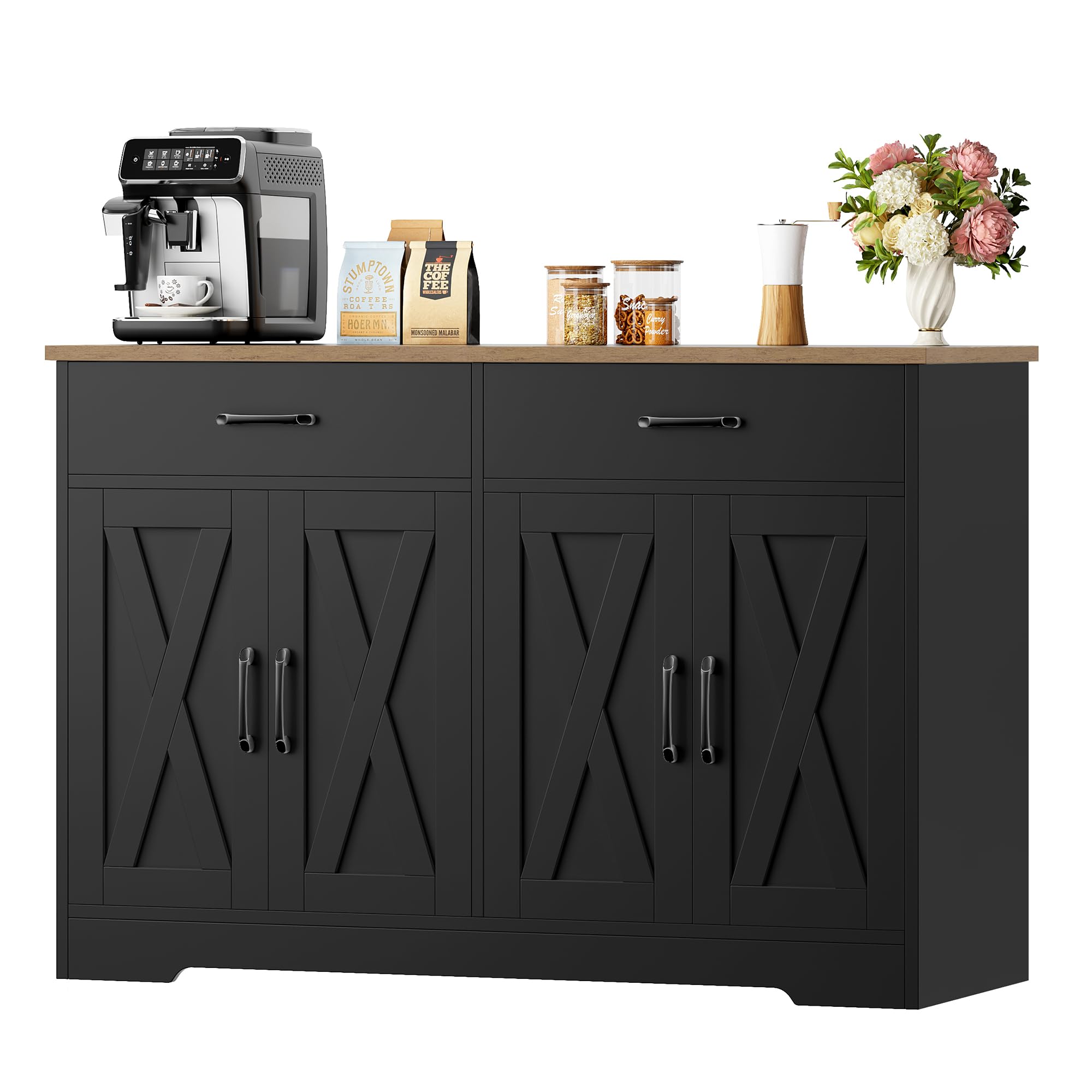 HOCSOK 120 cm Credenza Cucina, Mobile Cucina con 2 Cassetti e 4 Armadi，Buffet Mobile Moderno, Credenza Soggiorno, Mobile per Cucina Ingresso Foyer, Sala da Pranzo, Nero +Marrone