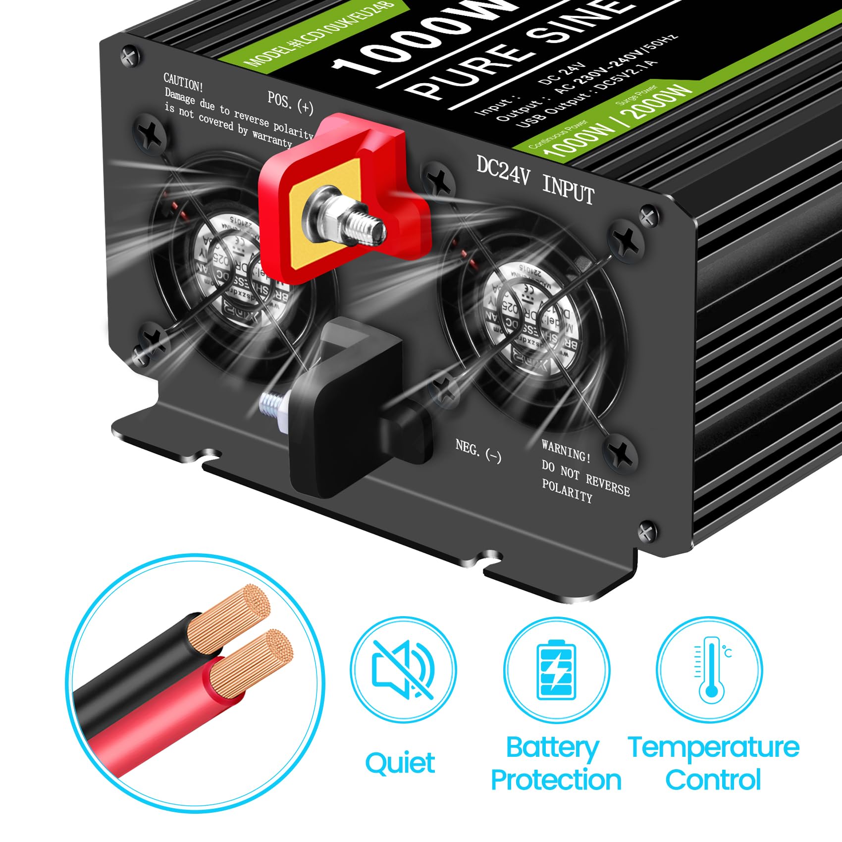 NOVOPAL 1000W Convertitore puro Sinus -DC 24 V a AC 220 V/230 V Inverter con display LCD e telecomando -Potenza di punta 2000 W Trasformatore di tensione