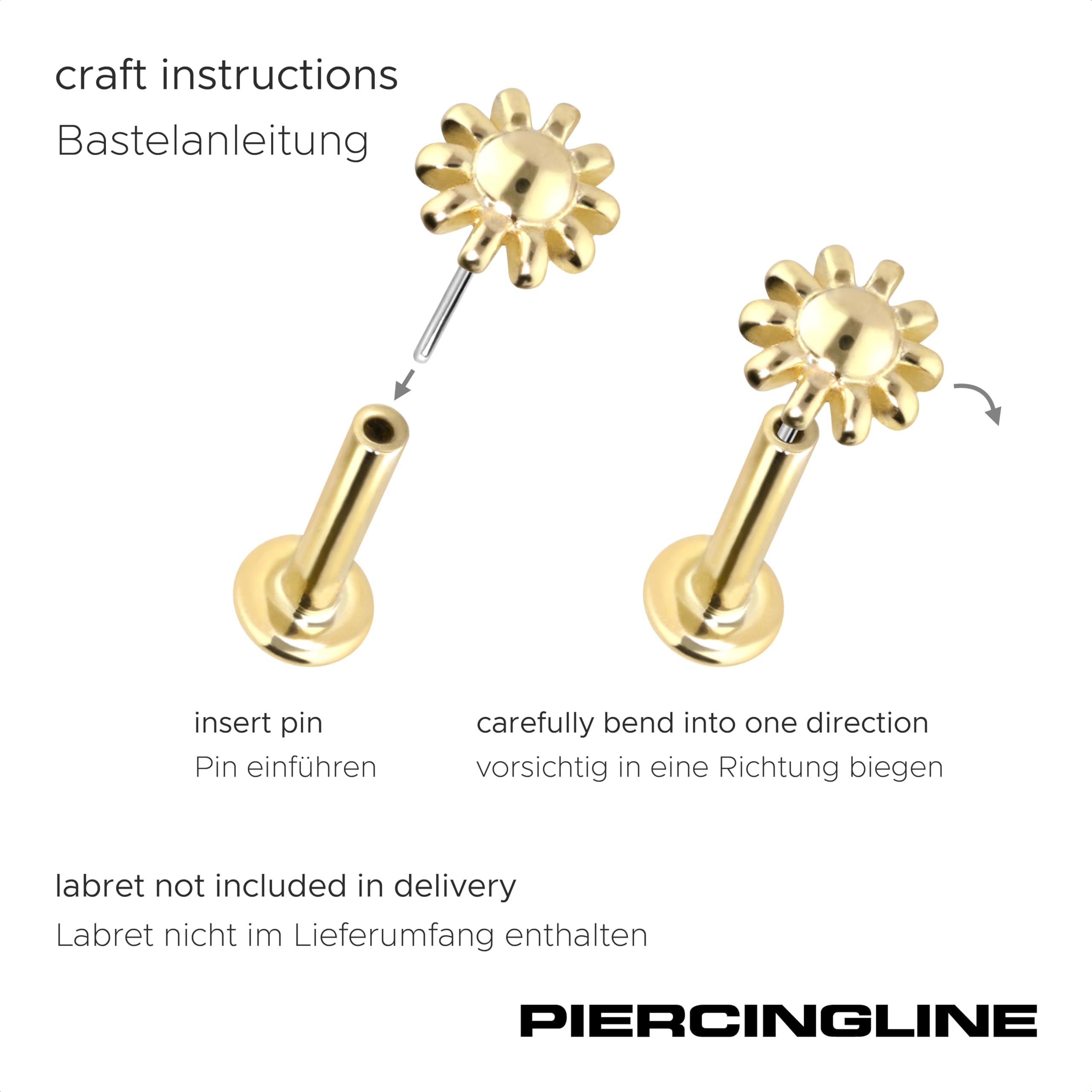 PIERCINGLINE 14 Gold Aufsatz mit Titan Push Pin BLUME 585er Gold - Roségoldfarben, Goldfarben, Silberfarben