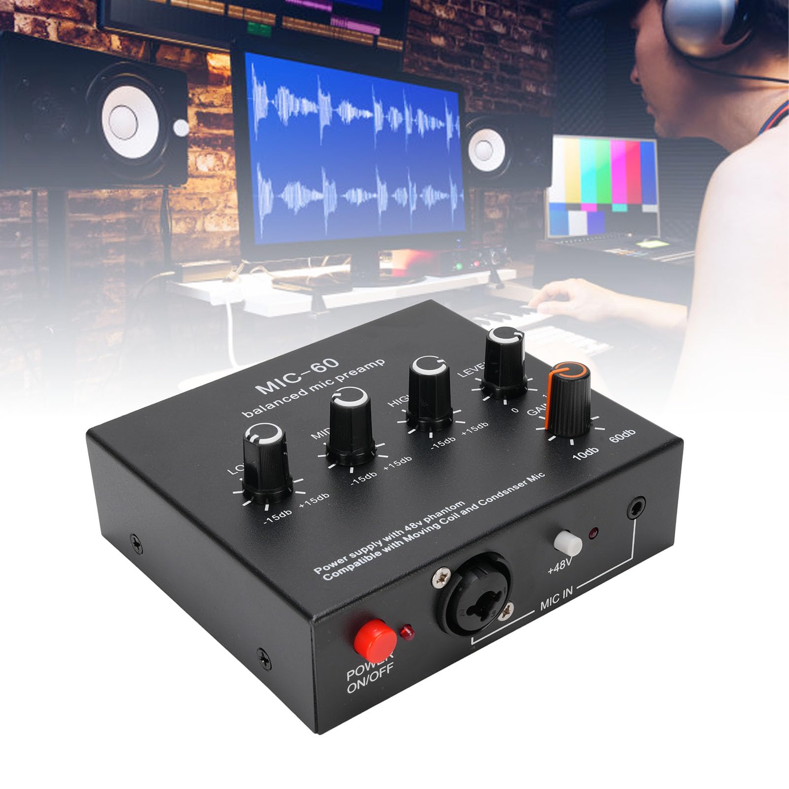 Préampli Microphone avec Gain 60dB et Alimentation 48V, Préamplificateur Micro 3 Canaux XLR 3,5mm 6,35mm pour Condensateur Dynamique, Câble XLR Inclus