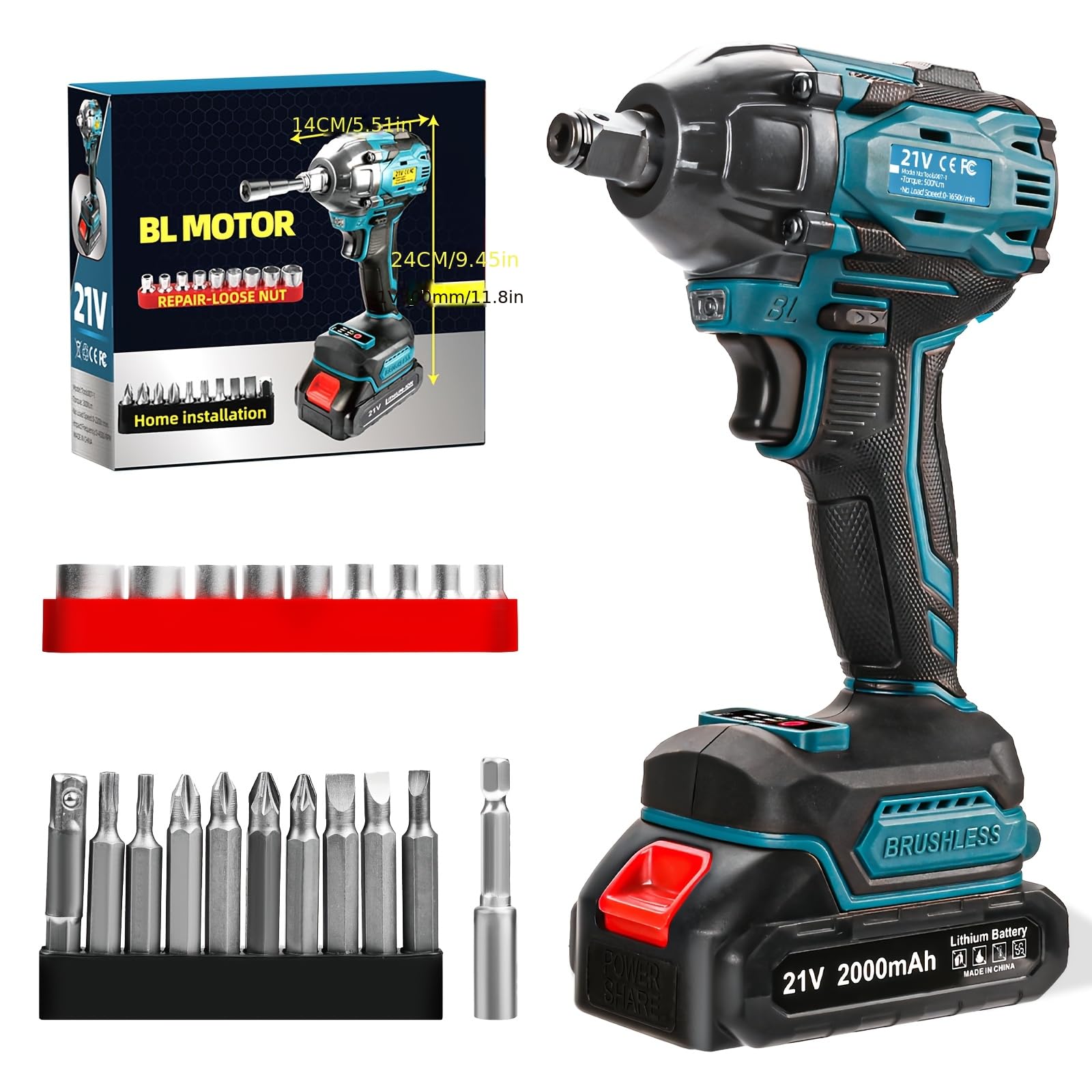 300 N.m Clé à percussion sans fil, moteur d’impact de couple 21 V, pistolet à percussion sans balais de 1/2" avec (une batterie de 2,0 Ah), 19 accessoires, moteur de frappe électrique à vitesses