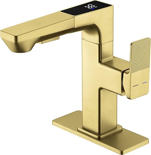 Grifo de lavabo de baño LED dorado, grifo de baño dorado con rociador extraíble, pantalla digital de temperatura, grifo de tocador de baño de una