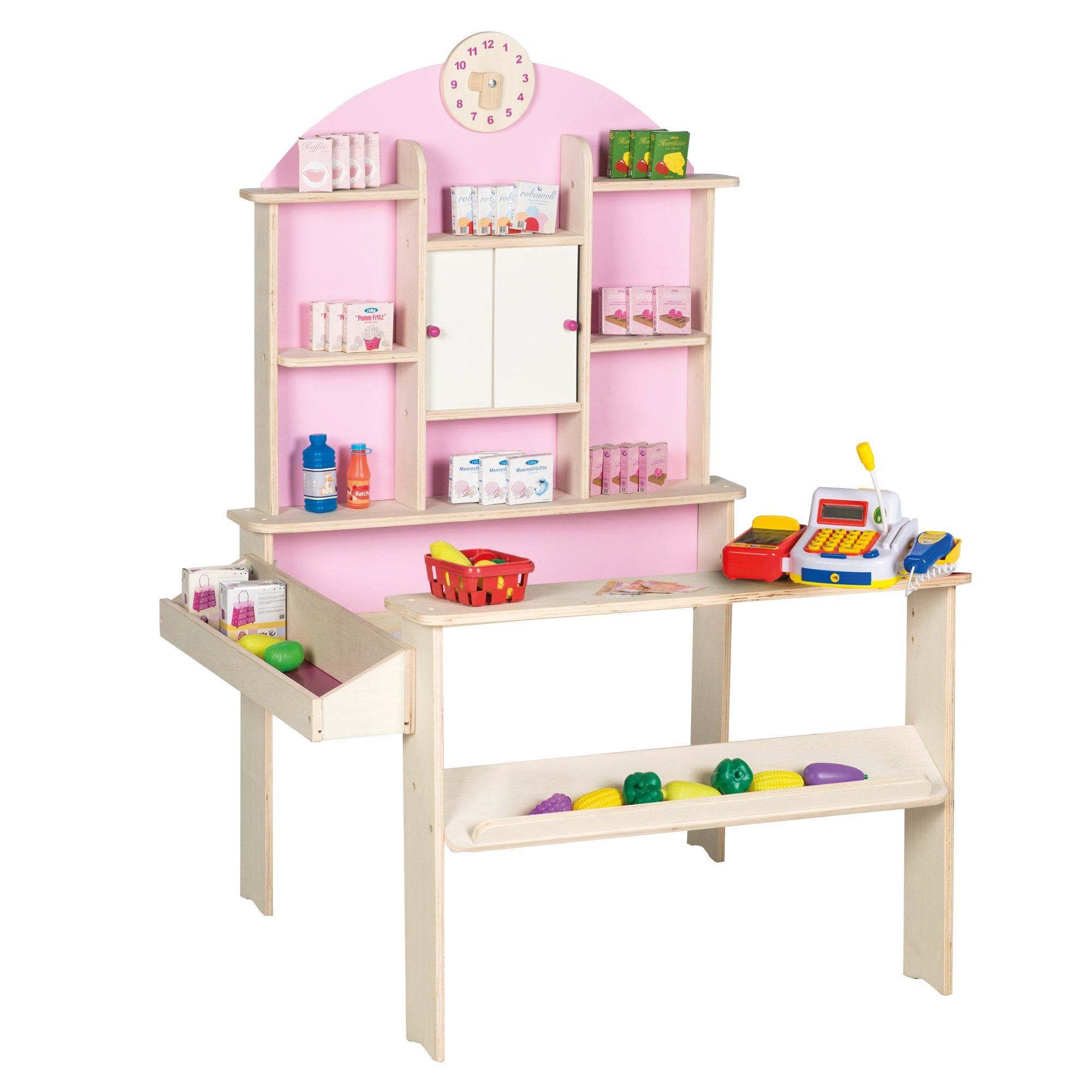 roba Kaufladen, inkl. Teile Zubehör, elektronische Kasse, Holz natur, rosa, weiß, Seitentheke & Uhr