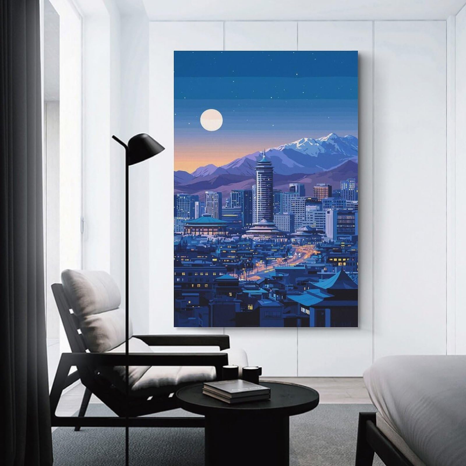 Junmoney Wall Picture Print Night Cityscape with Mountains And Moon, 24x36inch(60x90cm), for Entryway, Lounge Links Or Small Walls, Home Artwork for First Impressions