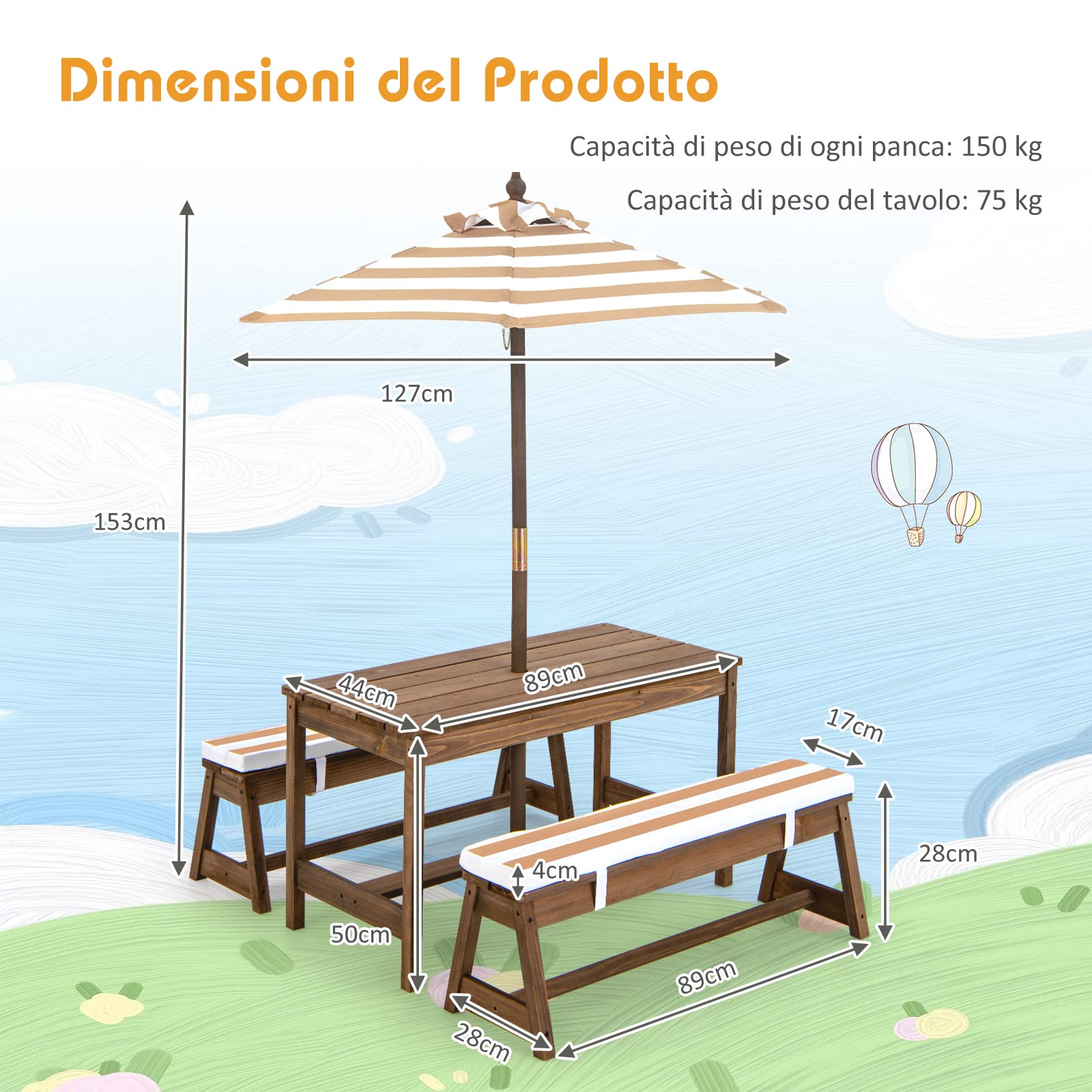 COSTWAY Tavolo da Picnic per Bambini con Parasole Pieghevole, Set Tavolo e Panca in Legno con Cuscini, Marrone
