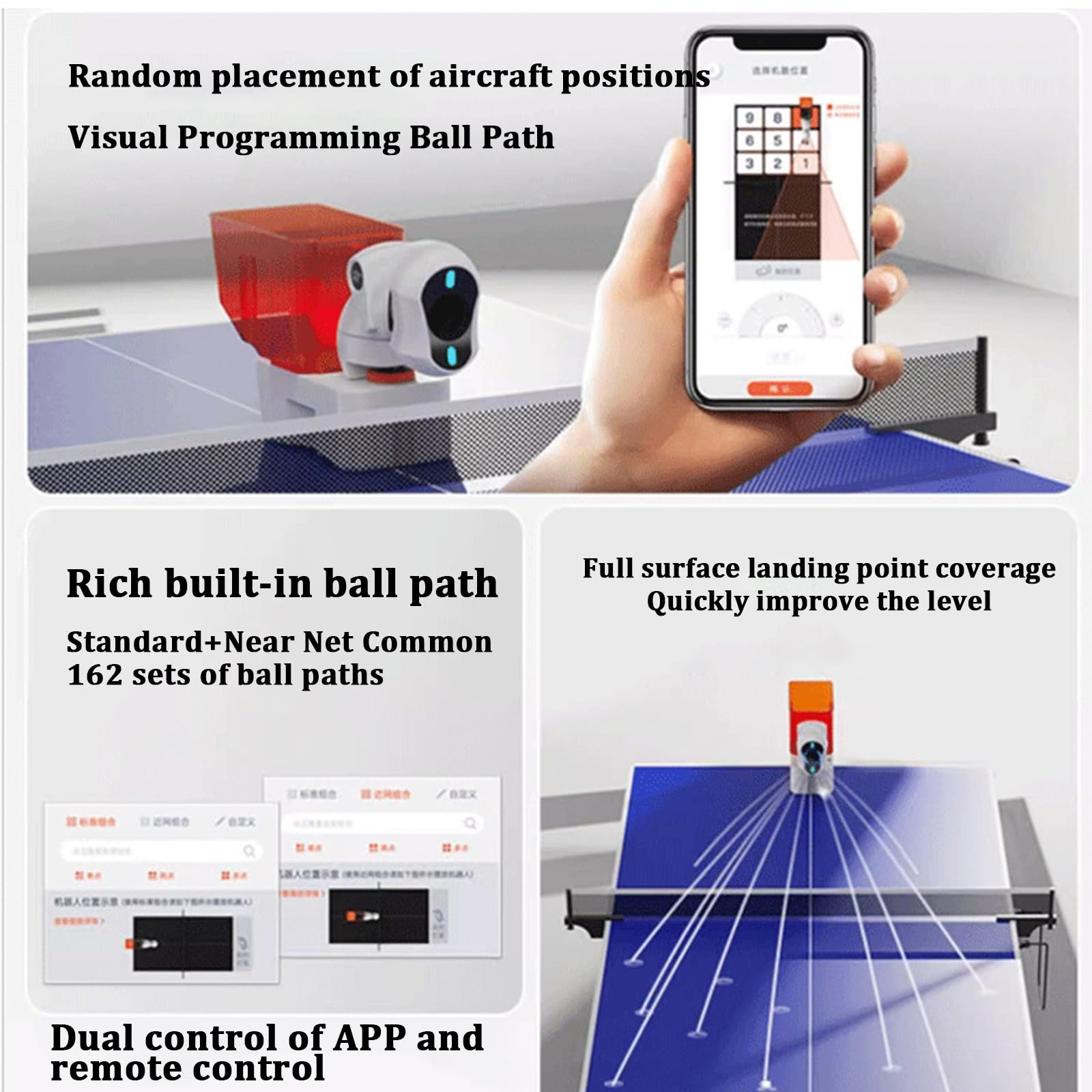 Macchina per palline da ping pong, robot automatico da ping pong con telecomando, capacità di 150 palline, 9 modalità di rotazione, 30-90 palline/minuto per allenamento interno/esterno