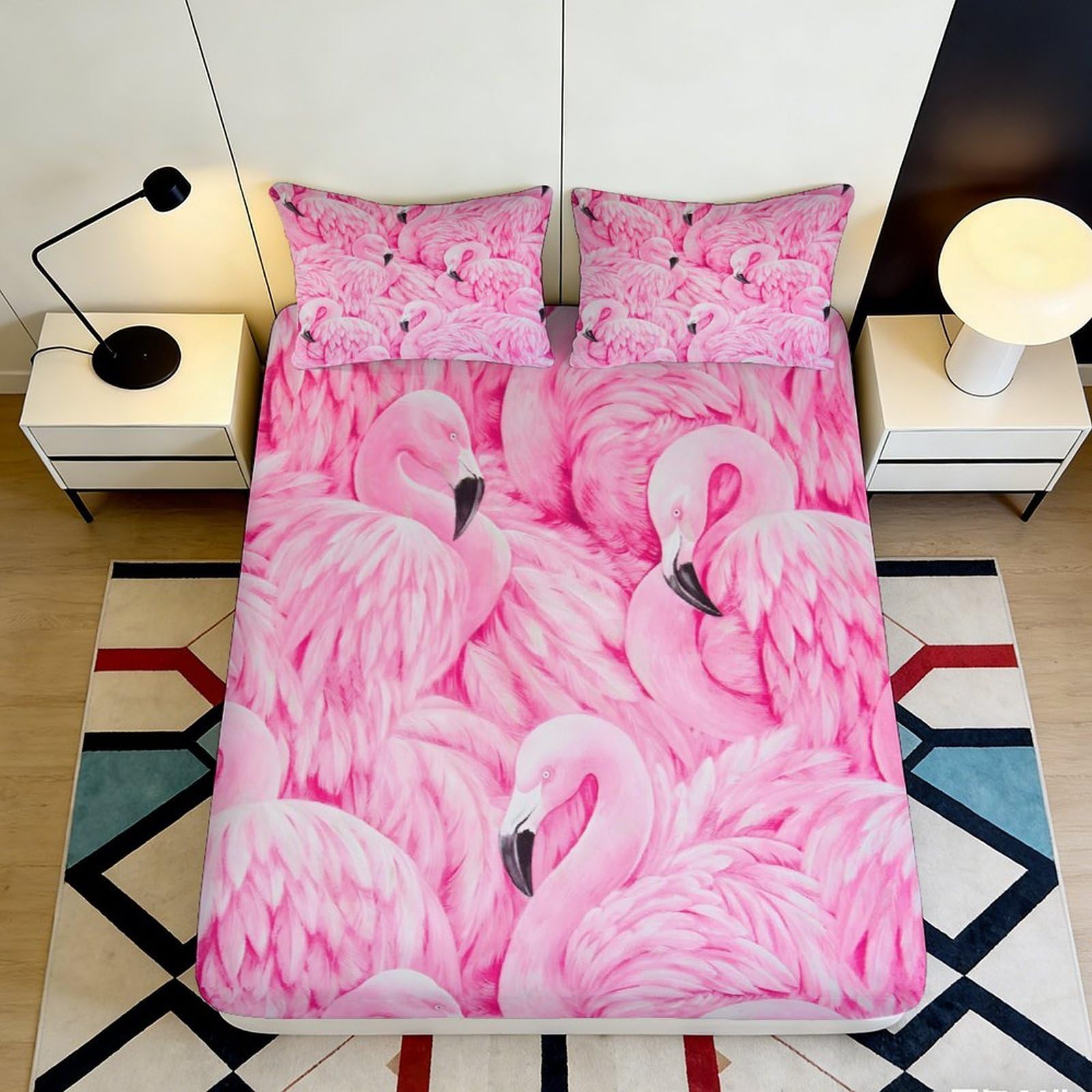 3D Printed Pink Flamingo Fitted Sheet Microfiber Soft Decorative Tropical Bird Bed Cover for Bedroom Guest Room Dorm Decor 90x200x25cm