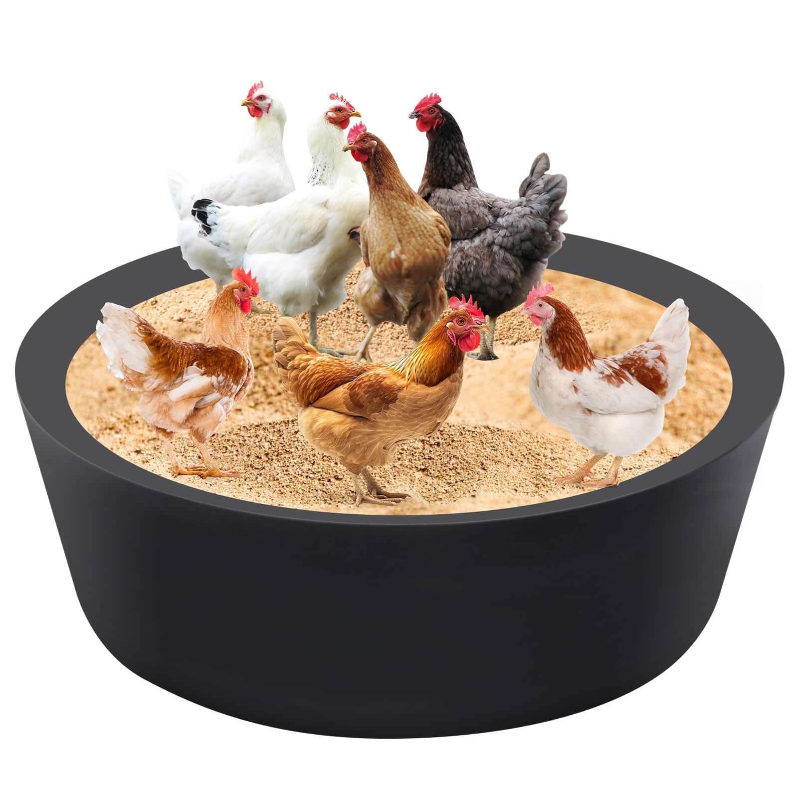 Cinnvoice Chicken Dust Bath Tub Ring 25" D x 5.9" H, Bottomless Design PE Chicken Coop Cleaner Container for Farms, Lawn, Yard and Ducks, Quails(Black