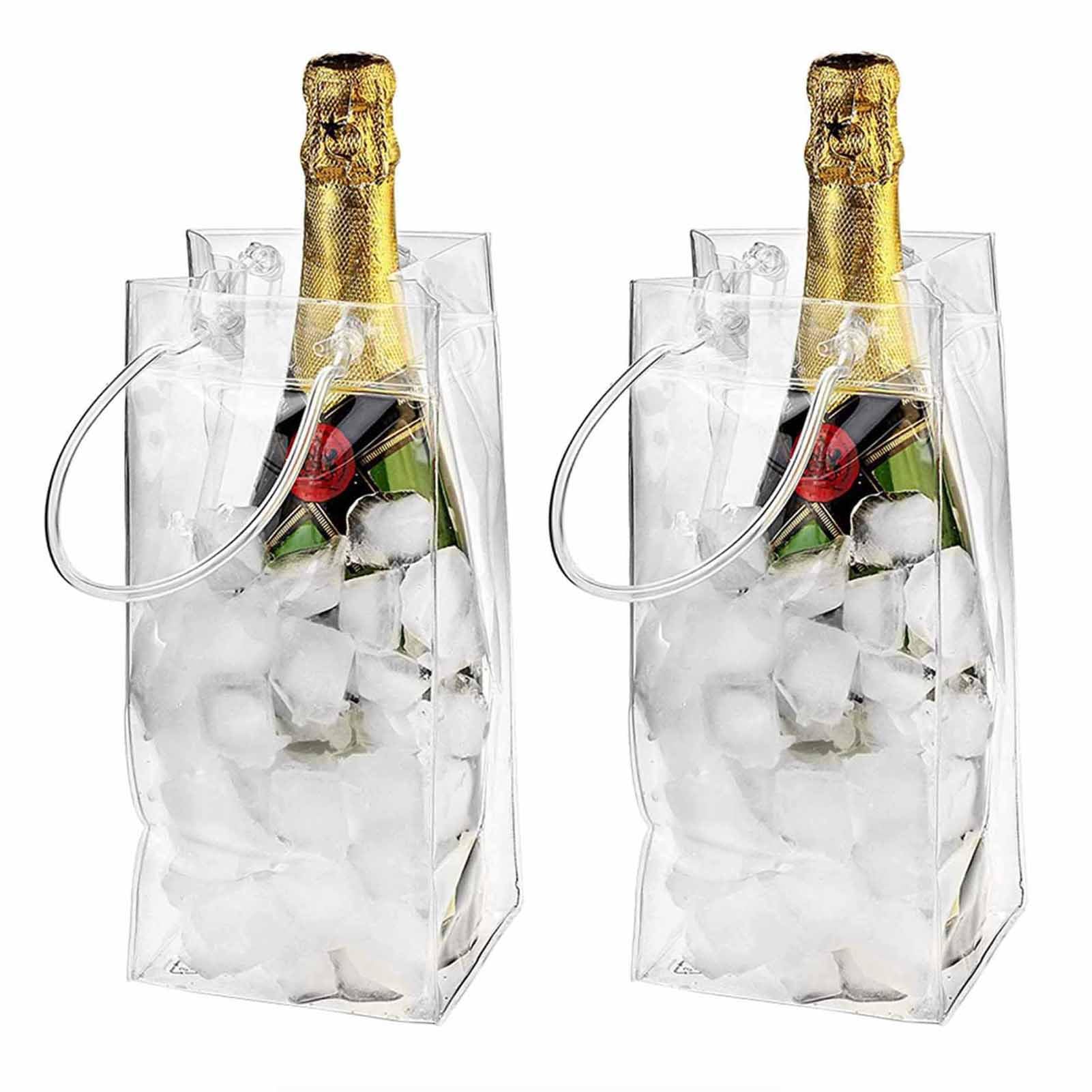 Pomurom 2 Pieces 2 Wine Ice Bag, Pvc Leakproof Ice Bag Portable Ice Bucket Wine Cooler Bag, Beverage Beer Champagne Bottle Chiller With Carry Handle, Clear Wine Cold Bag For Pubs Restaurant Home Outdoor, 11X11x25cm
