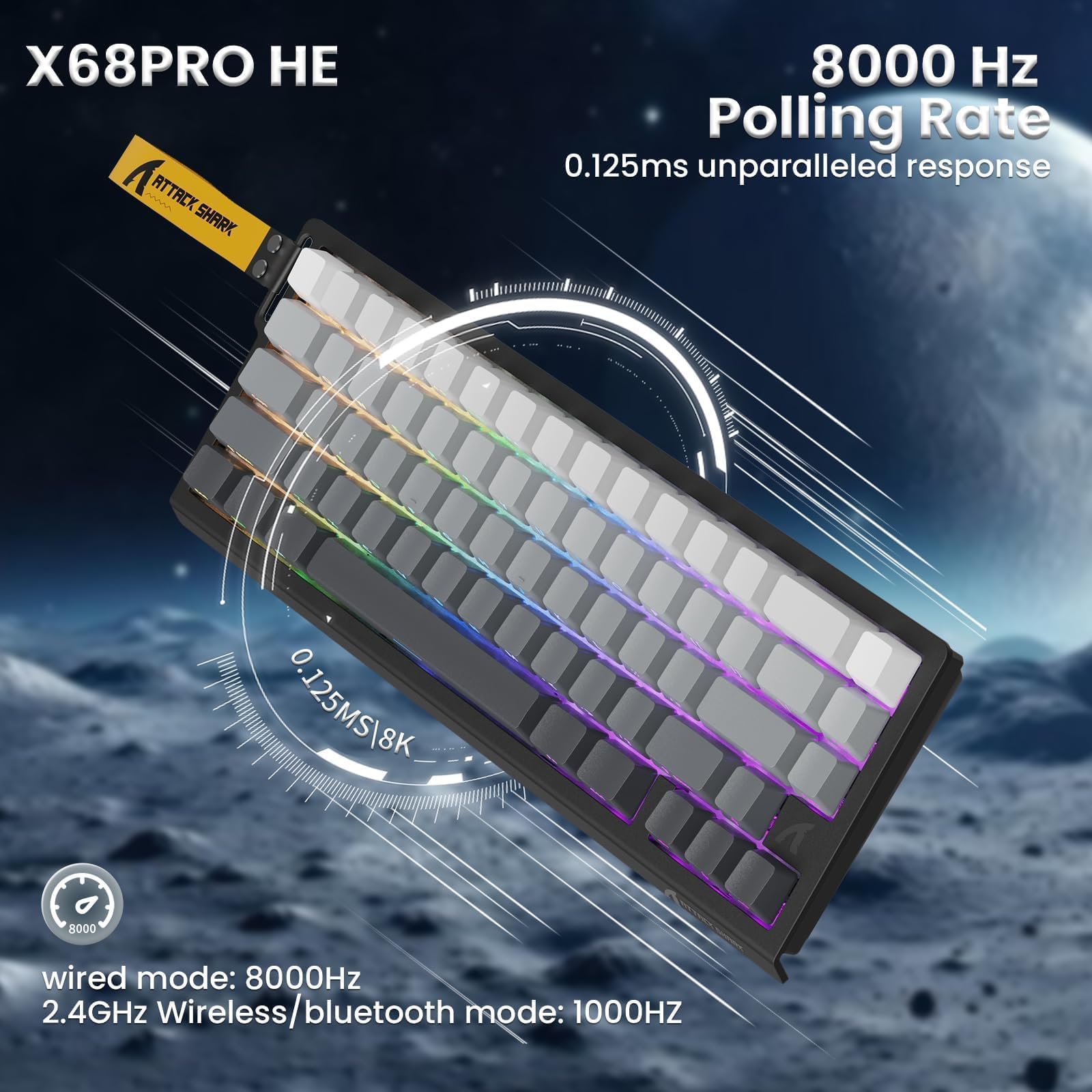 ATTACK SHARK X68PRO HE Tastiera da Gioco Wireless con Attivazione Rapida, Precisione RT 0,01 mm, Interruttore Magnetico, 8000Hz, Attuazione Regolabile, Snap Tap, RGB, C01 Cavo Spirale - Gradiente Nero