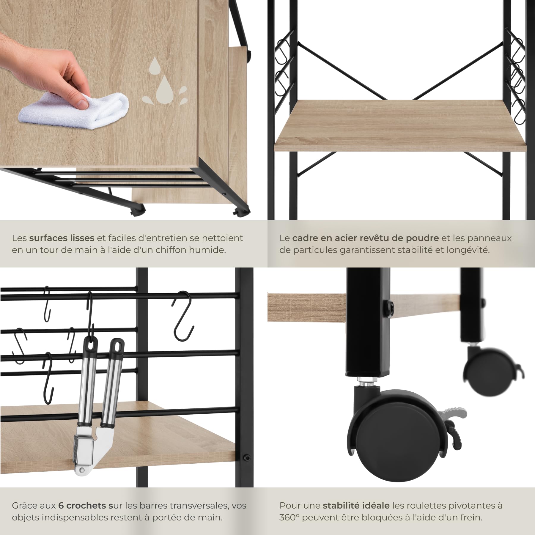 tectake® Desserte à roulettes 65,5 x 45,5 x 88,5 cm, Servante à 3 Niveaux et 6 Crochets pour Accessoires Chariot de Service Desserte de Cuisine roulettes pivotantes à Frein Meuble Cuisine, Bois Clair