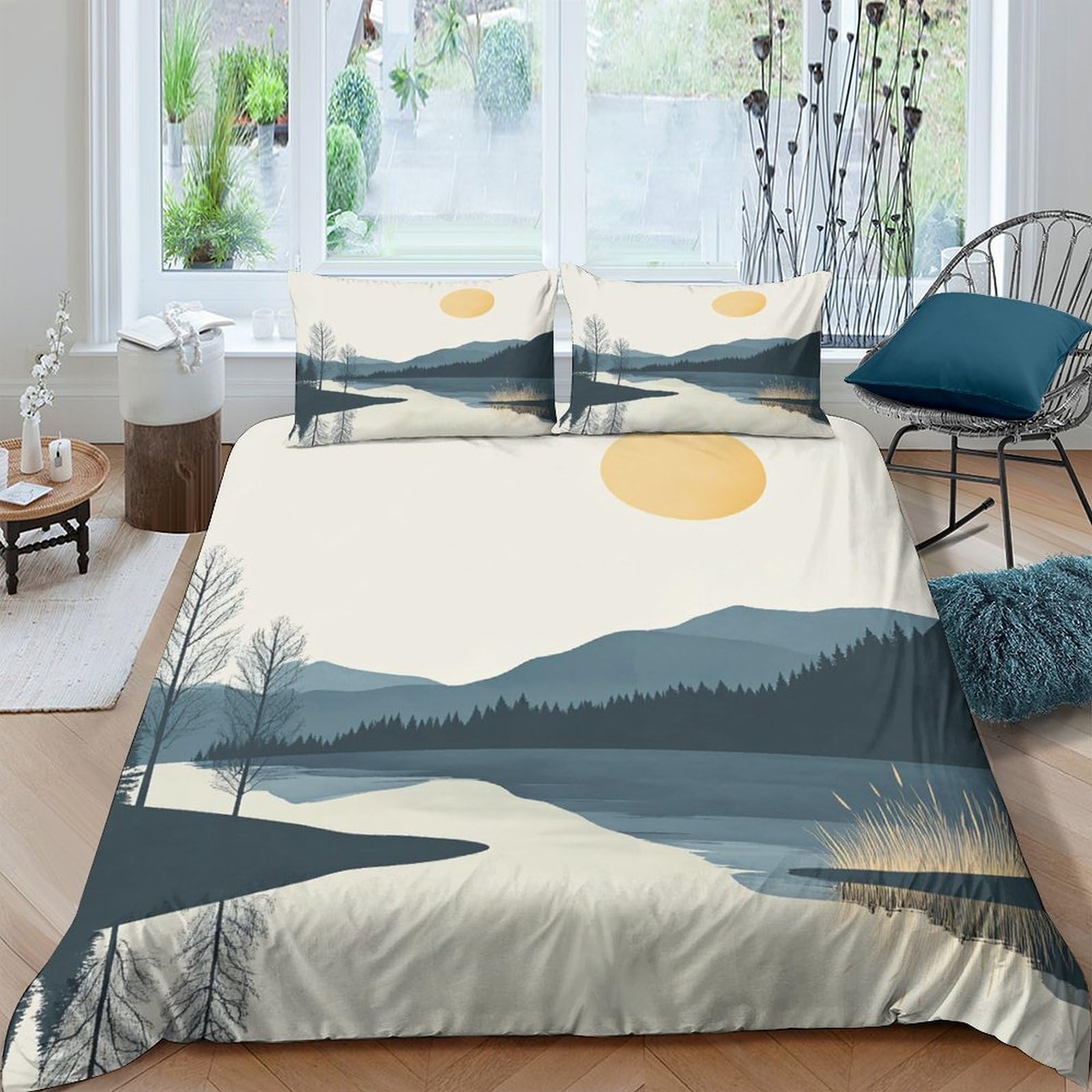 Ctjqhvkz Style-2 3D Printed Sunrise Mountain Fitted Sheet Microfiber Soft Scenic Lake Bed Cover For Bedroom Guest Room Decor Dustproof Single（135X200cm）