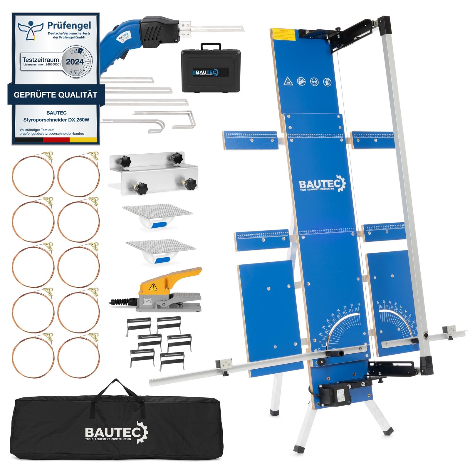 BAUTEC Styroporschneider GAZELLE 7 + STYROCUTTER 250W » Premium-Set mit 10 Schneidedrähten, Fußschalter, Gerüsthalterung, Schleifraspel, Styrogrips, Softbag, Klingenset für Handschneider