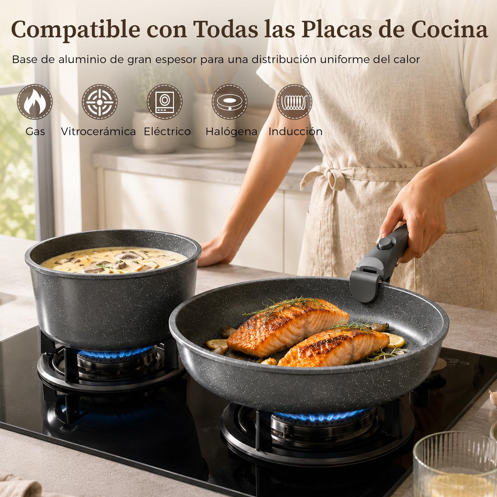 YASHE Batería de cocina 15 piezas, inducción, atóxica, sin PTFE ni PFAS | Juego de Sarténes Atóxica con Mango Extraíble, Apilable y Ahorro de Espacio, para Caravana, Sin PFOA