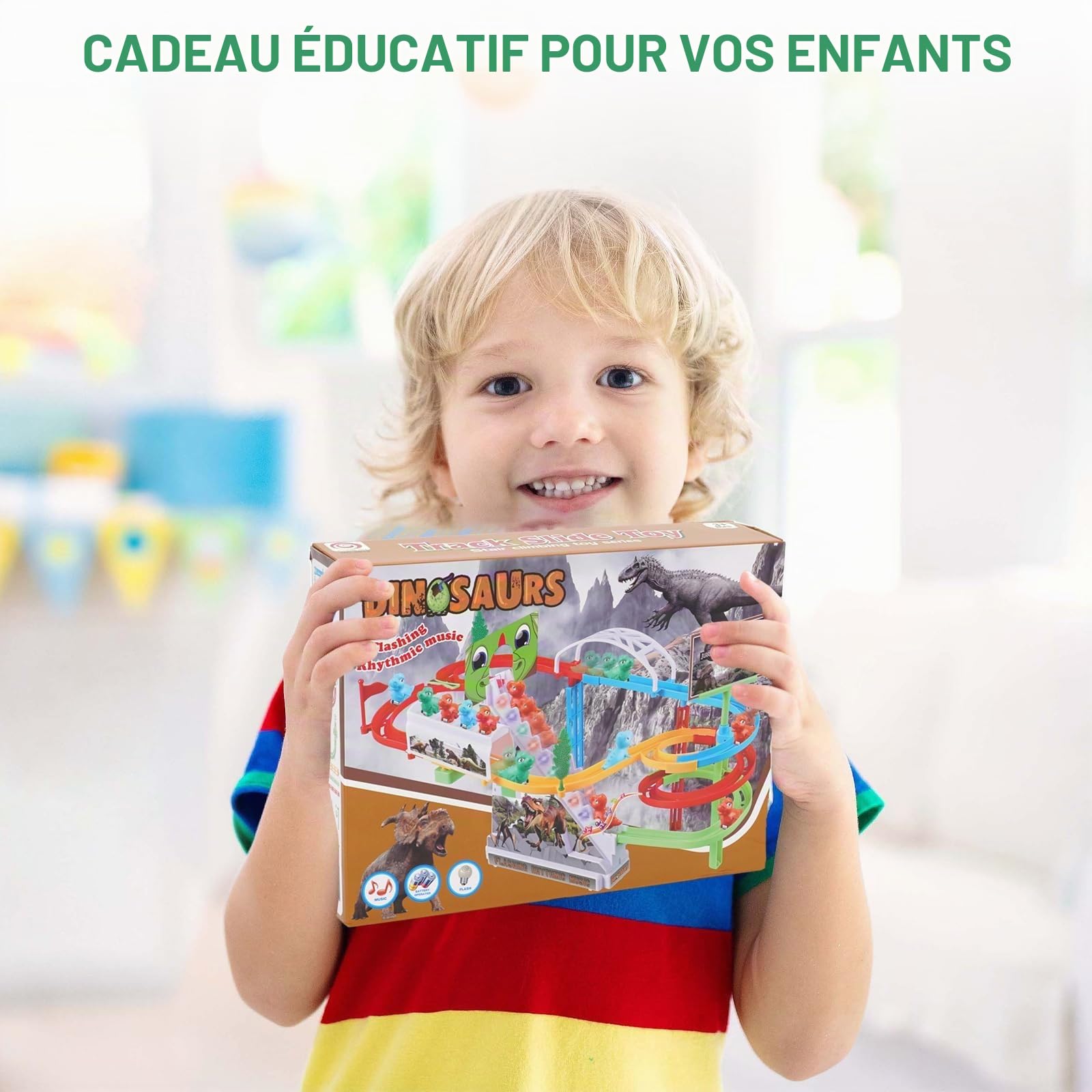 Circuit de Course Dinosaure, Escalade Escalier Jouet pour Enfants, Montagnes Russes Jouets avec Musique et Lumière, Toboggan Dinosaur, Puzzles Éducatifs et Jeux pour Garçons et Filles