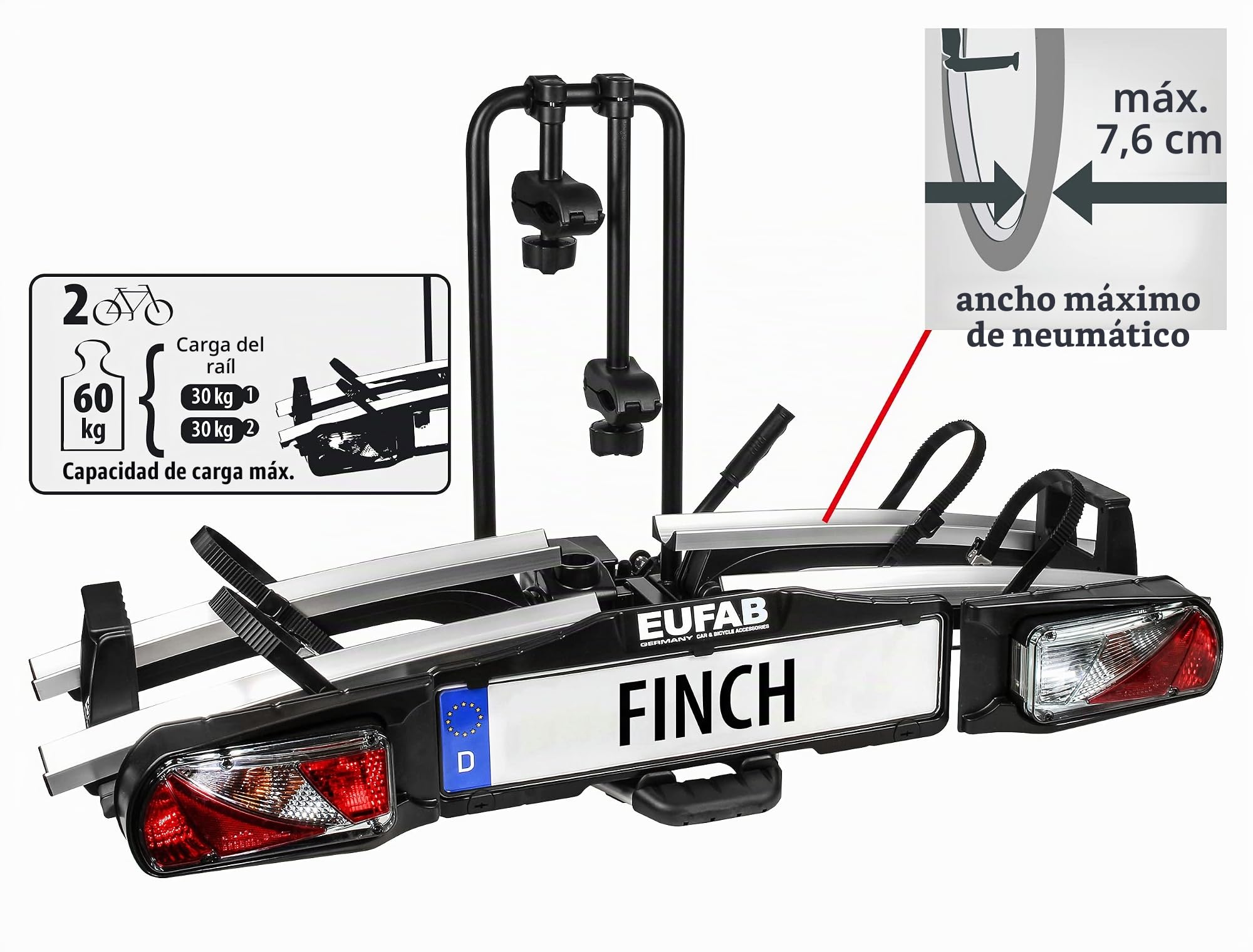 EUFAB Portabicicletas Finch 11584 para 2 Bicicletas, Color Plateado, Negro
