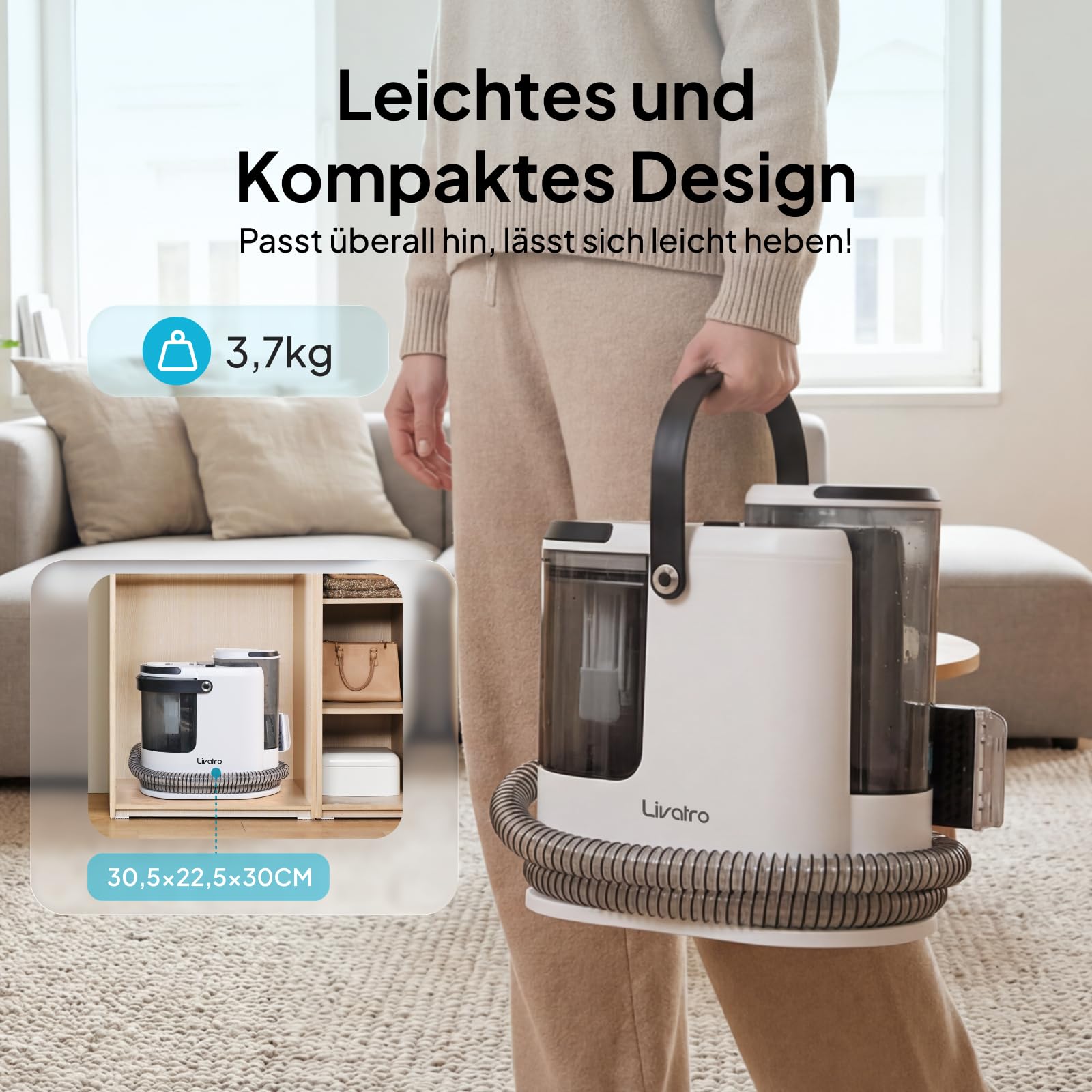 Livatro Polsterreiniger Gerät Nasssauger Waschsauger, 15 KPa Nasssauger Polsterreiniger, 1,6 L Wassertank, Kompakter Dampfreiniger Polstermöbel, Selbstreinigung, für Teppiche, Sofa, Vorhänge, Auto