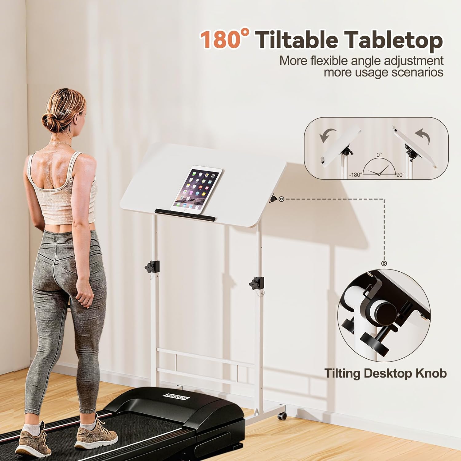 32 Inch Rolling Standing Desk Adjustable Height, Small Mobile Laptop Stand Up Table with Tiltable Tabletop & Lockable Wheel, Portable Workstations for Home Office & Walking Pad Treadmill, White