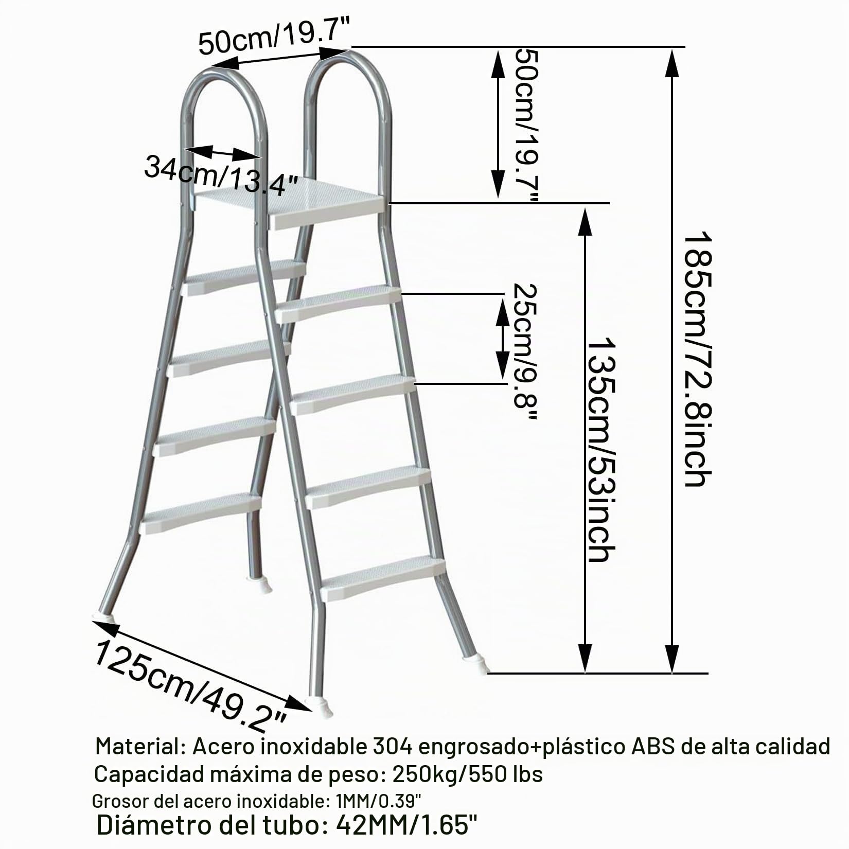 Escalera de Piscina de 4 peldaños Escalera de natación sobre el Suelo de Acero Inoxidable 304 Escalera de Tijera Antideslizante Segura con Entrada a la Piscina de 52" Capacidad de Carga 550lb