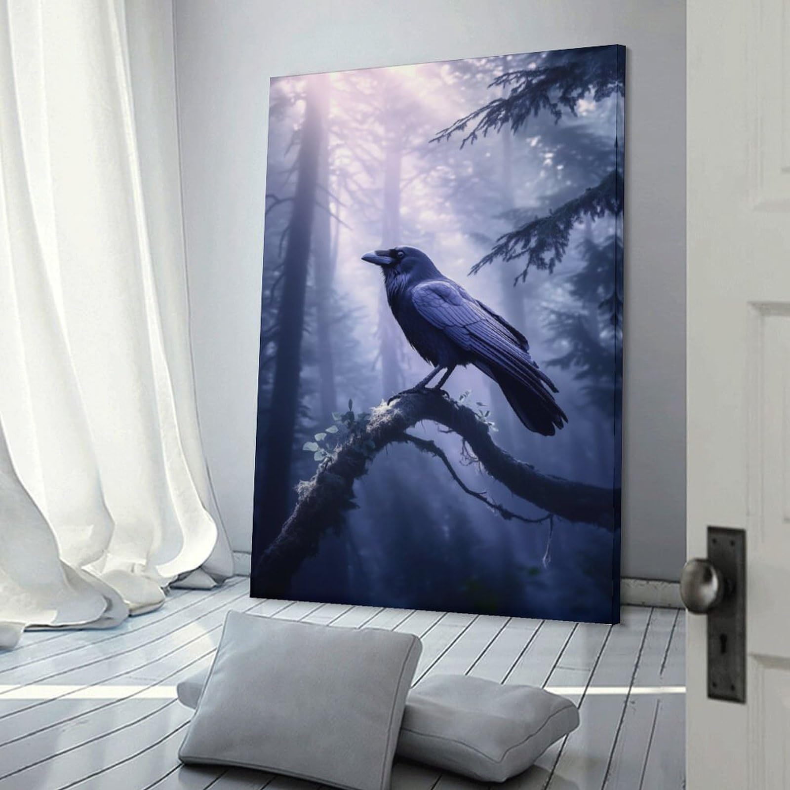 Junmoney Frame-Style Canvas Art Print Mystical Forest Raven, 24X36inch(60X90cm), For Office, Study Or Home Workspace, Wall Art That Adds Style To Work Areas