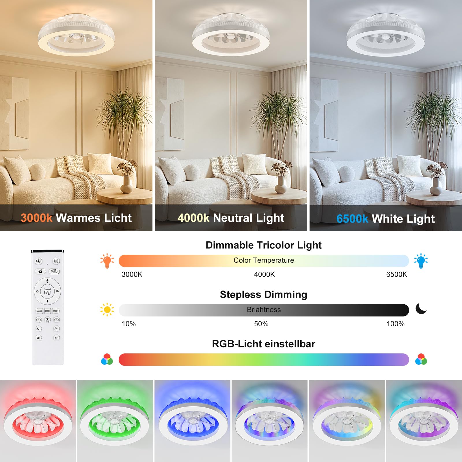 Ateroll Ventilatore Da Soffitto Con Luce, 48 cm Lampada Ventilatore e Telecomando,Dimmerabile 3000K-4000K-6500K-RGB, DC 25W LED 25W, 6 Velocità, Memoria Timer Illuminazione,Modalità Estate e Inverno