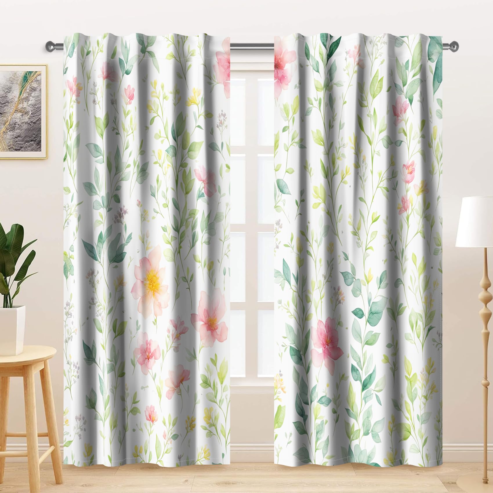 Kzzfqxb 2 Paneele 117x138cm Blumenvorhänge, weißer Hintergrund hellgrüne Zweigblätter rosa Blumen Pfingstrosenblüten Bedruckt für Mädchenschlafzimmer, Wohnzimmer