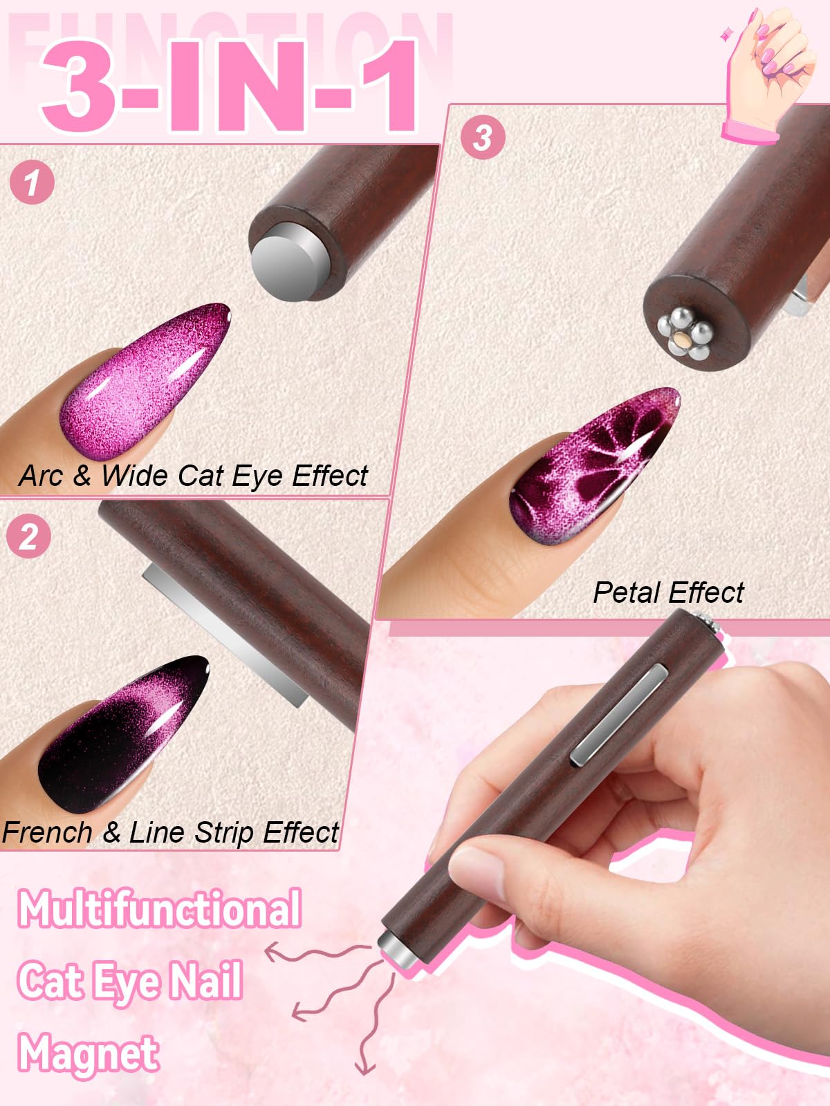EBANKU 54PCS Cat Eye Nail Magnet Stick Set, 3 in 1 Magnetic Nail Polish Nail Art Pen - Image 4