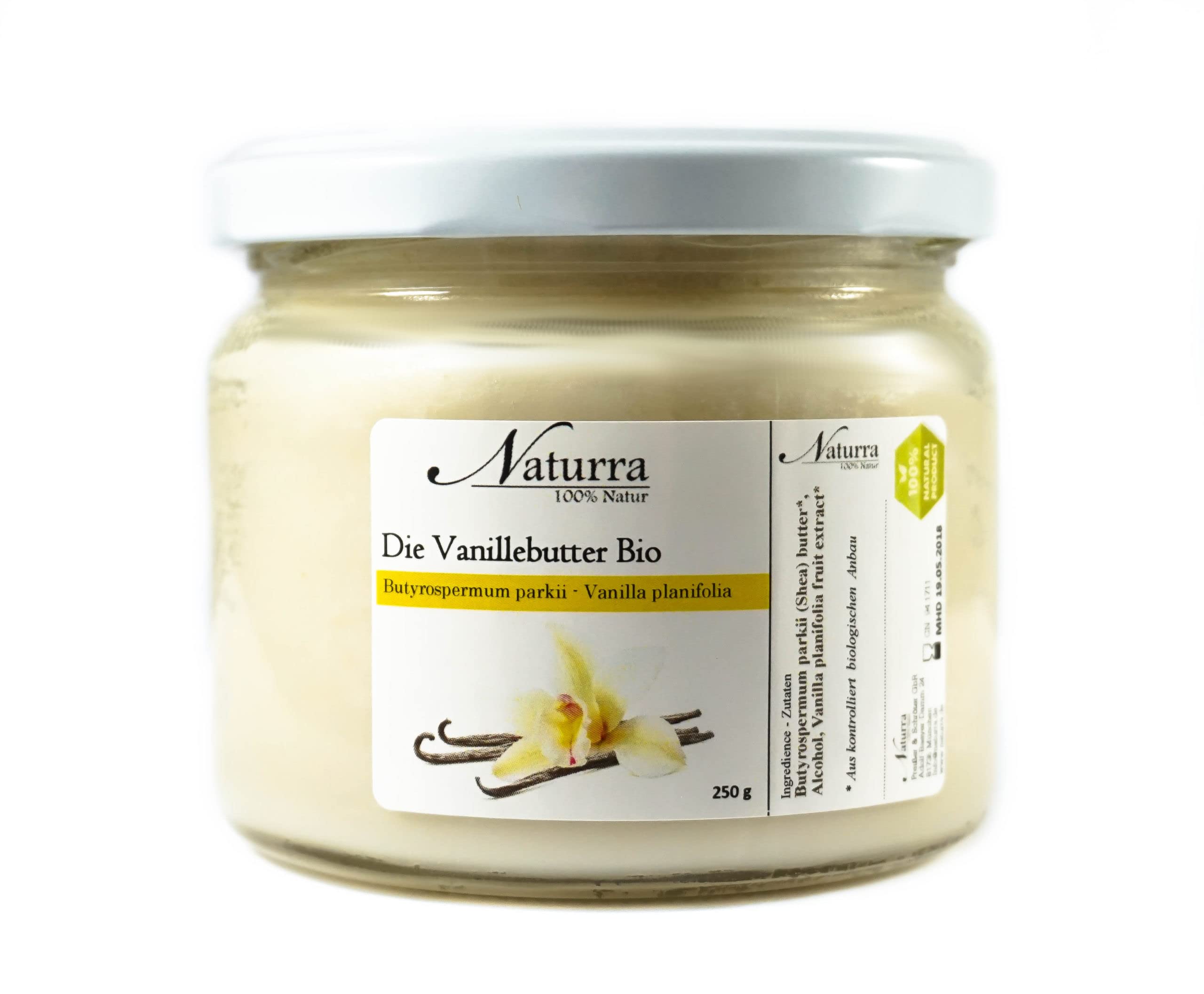 Bio Sheabutter 250g desodoriert mit Bio-Vanille Extrakt Indisch ätherisches Öl Wellnessöl Körperöl Aromatherapie Naturkosmetik Deiner Wahl - Vanilla planifolia