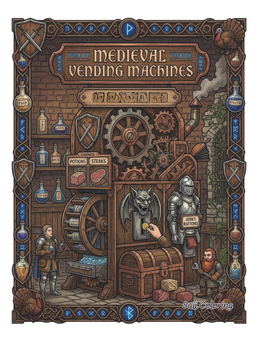 Medieval Vending Machines: A Detailed Fantasy Coloring Book Featuring Steampunk Potion Dispensers, Magical Gear Systems, and Mythical Merchant Contraptions for Adults and Teens