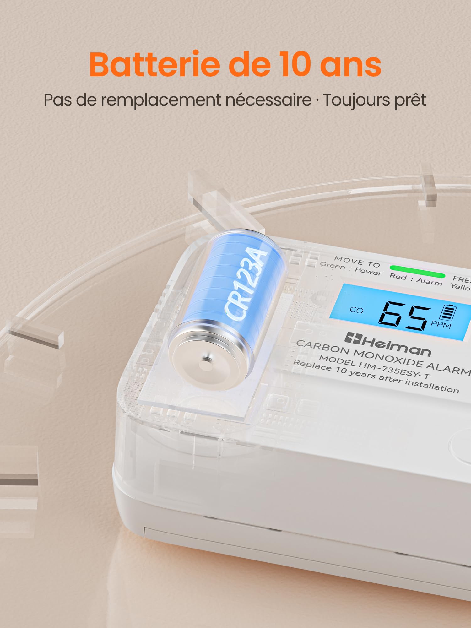 Heiman Détecteur de Monoxyde de Carbone, Certifié en 50291, Détecteur de CO avec Pile Remplaçable de 10 Ans, Écran LCD Digital et Capteur Électrochimique Haute Précision, Bouton de Test/Silence