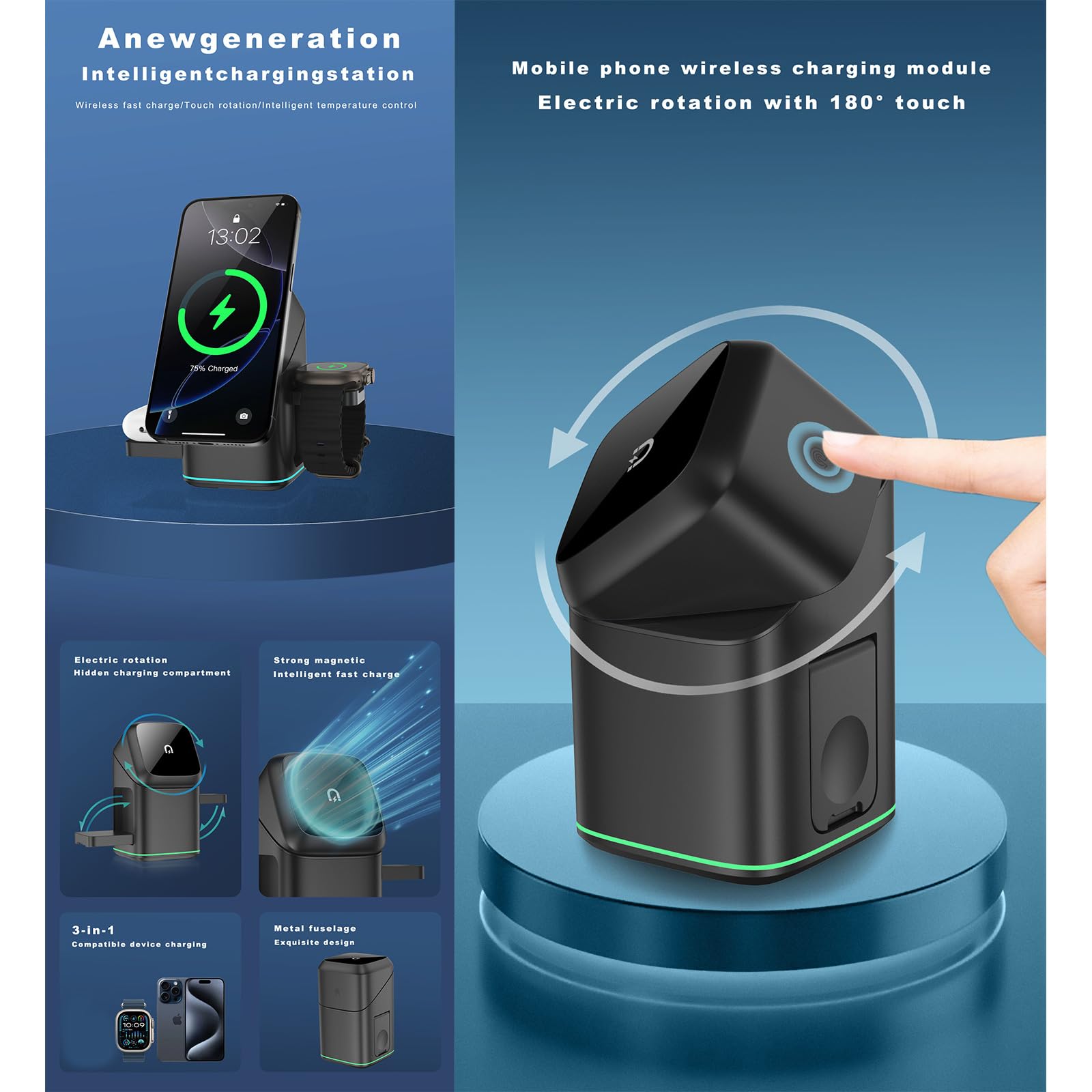 Stazione Magnetica Rotante in Metallo con Ricarica Veloce da 15 W per dispositivi Multipli Telefono Auricolare Smartwatch Metallo per Ufficio Veloce