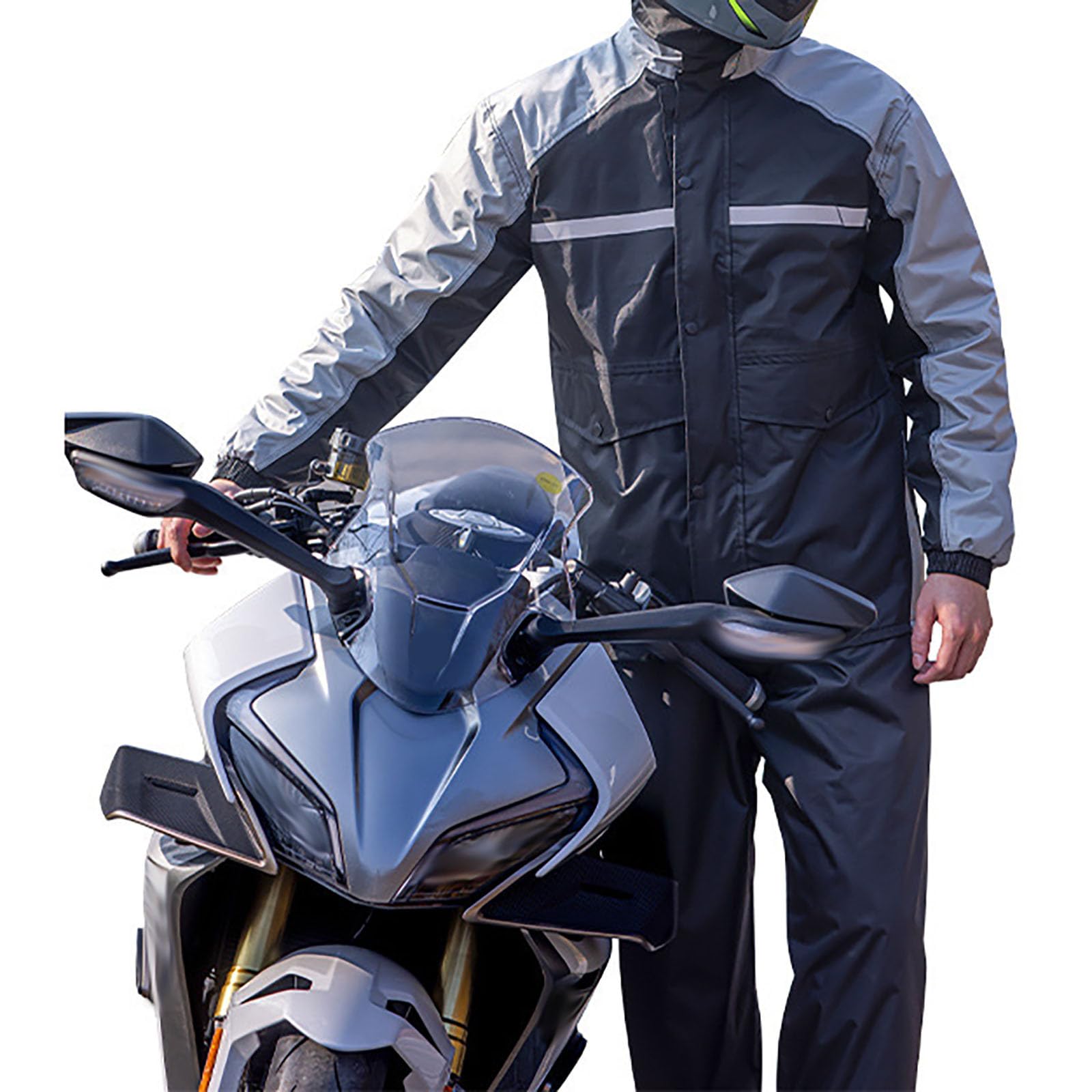 Herren Regenanzug mit reflektierender Jacke und Hose, ideal für Outdoor, Radfahren und Motorrad, wasserdicht, winddicht, atmungsaktiv, mit verstellbaren Bündchen
