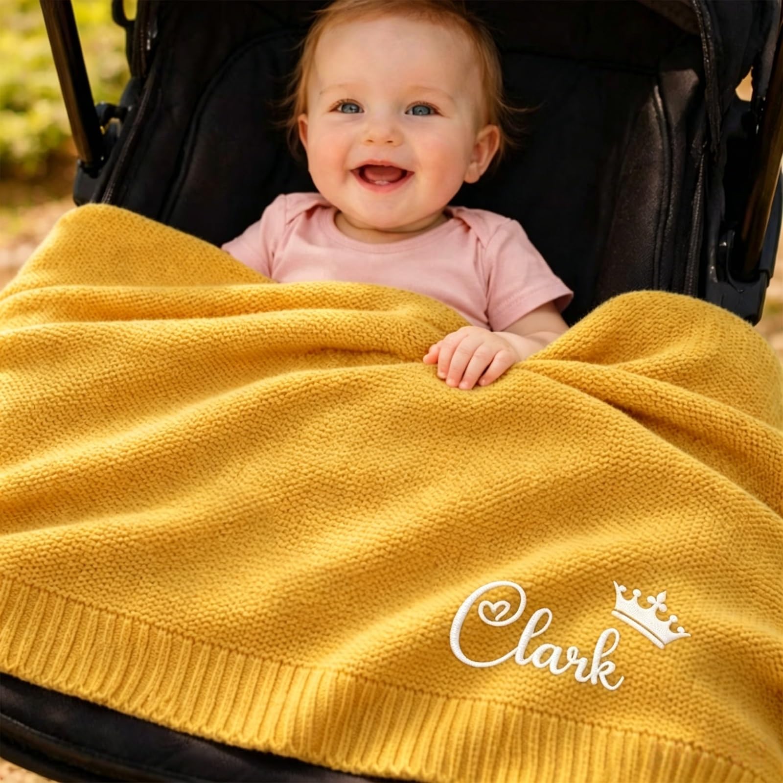 ZZTINGC Personalized Baby Name Blanket, Custom Embroidered Soft Knit Blanket, Baby Shower Present, Newborn Keepsake, New Mom Gift (30x40 Inches)(Yellow)