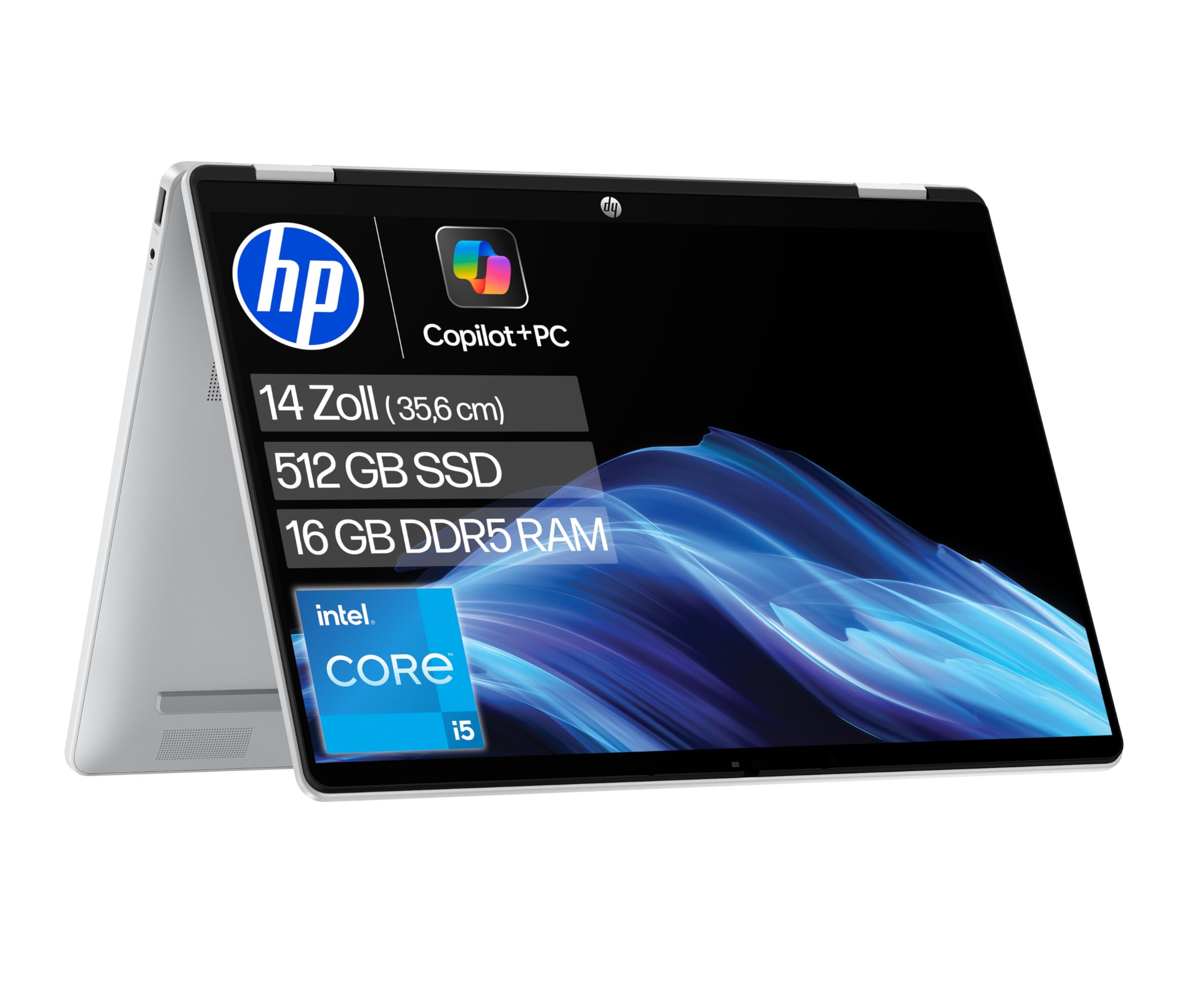 HP OmniBook 5 Flip 14-fp0254ng 2 in 1 Convertible Laptop, 14 Zoll 2K-Touchscreen (1920 x 1200), Intel Core i5-1334U, 16 GB RAM, 512 GB SSD, QWERTZ, Windows 11 Home, Silber