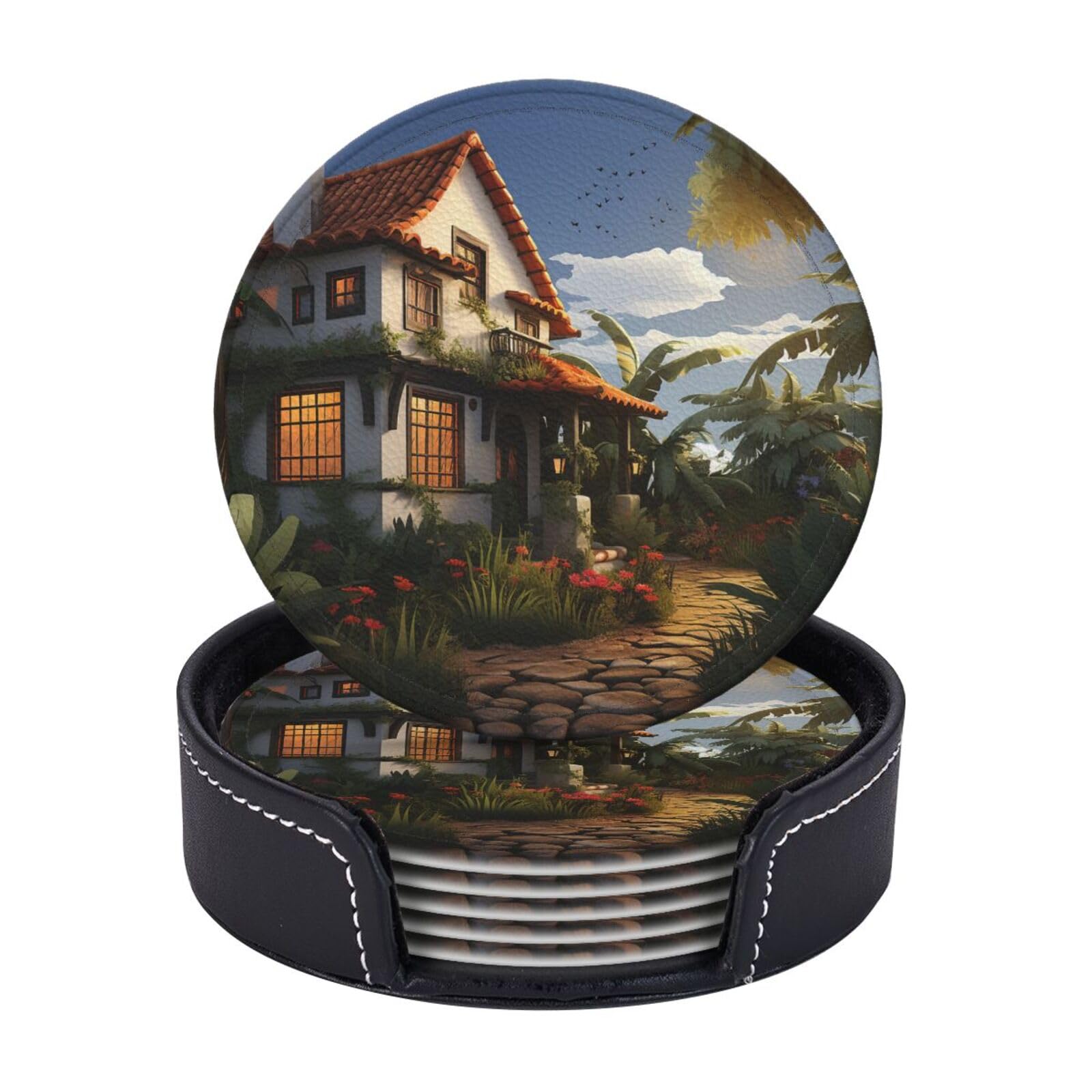 6PCS Drink Coasters with Holder, 4" Leather Coasters for Drinks, Farmhouse Cup Coasters for Coffee Table Decor, Non-Slip Drinking Cup Mat for Hot or Cold Drink
